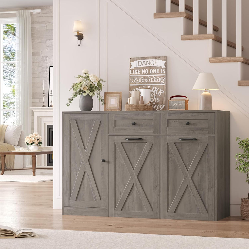 HOSTACK 12.5 Gallon Kitchen Trash Cabinet, 47' Double Trash Can Cabinet, Large Pull Out Can Storage Drawers, Wood Farmhouse Hidden Garbage Storage Buffet for Kitchen, Dining Room, Ash Grey