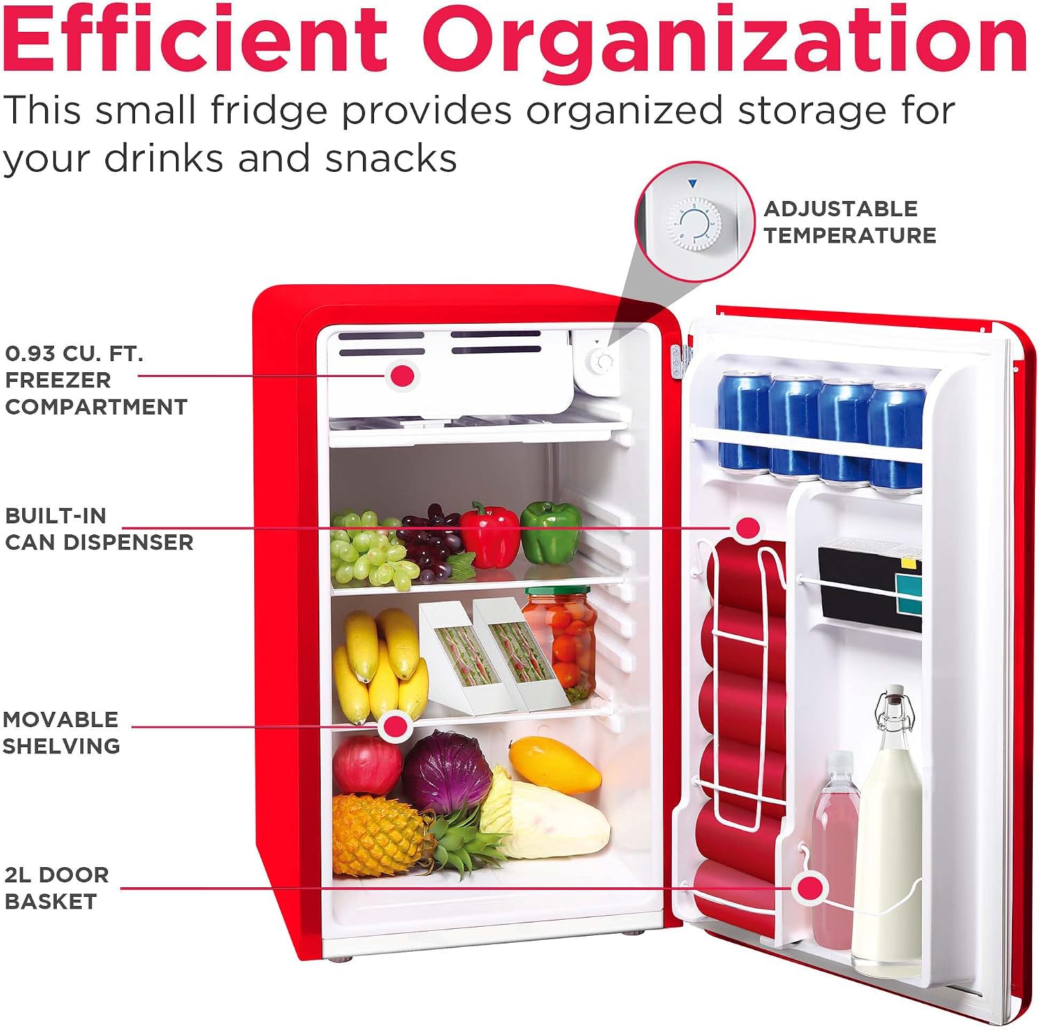 Frigidaire Retro Compact Refrigerator with Chiller, 3.2 cu ft Countertop Fridge, Built-In Bottle Opener, Rounded Corners, Premium, for Office, Bedroom, Dorm Room, Cabin, 18.5D x 20W x 31.5H (Red)