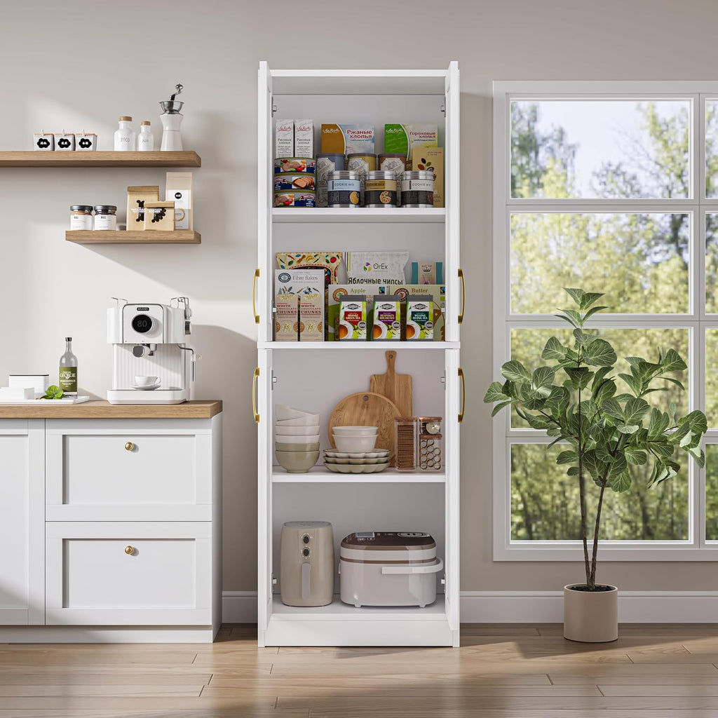 Tall Storage Cabinet, Kitchen Pantry with 4 Doors and Adjustable Shelves, Linen Bathroom Cabinet for Laundry Room, Dining Room, Living Room, Office, White