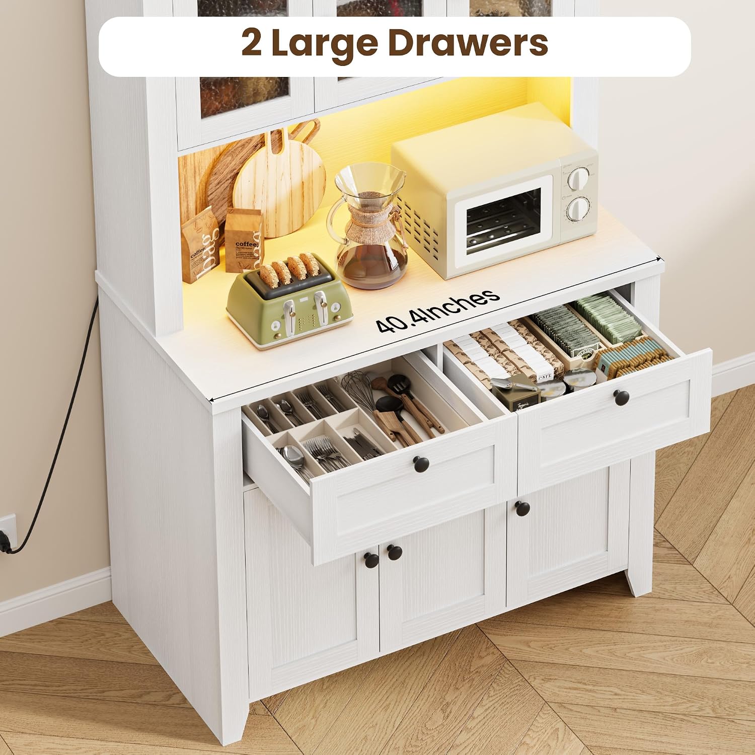 Pantry Cabinet with Charging Station, Farmhouse Kitchen Pantry Storage Cabinet with Countertop, Large Kitchen Hutch with Storage Drawers and Adjustable Shelves & Water Ripple Design for Dining Room,