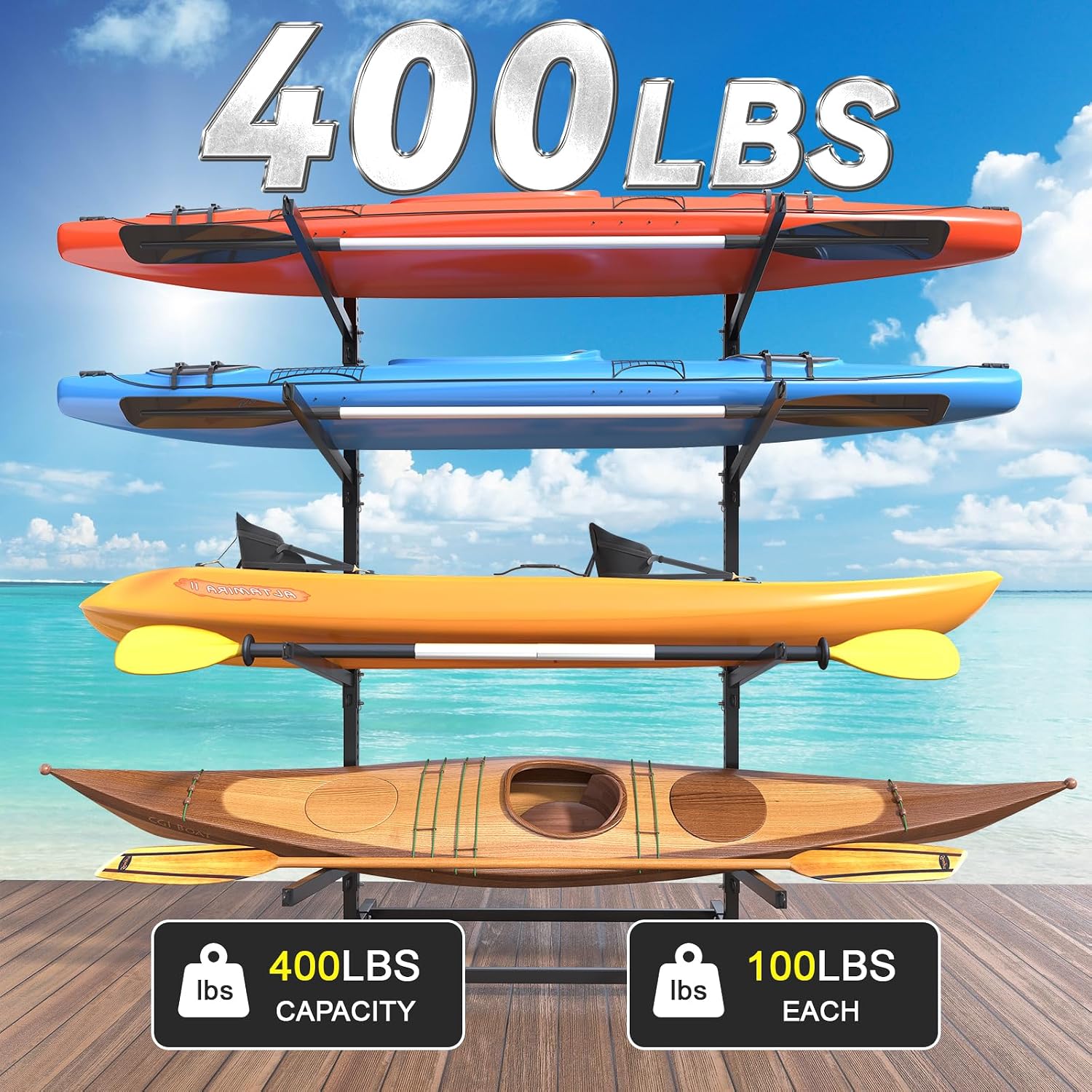 LotFun Kayak Storage Rack, Freestanding Heavy Duty Adjustable Kayak Stand Indoor Outdoor Storage Rack Garage, with Foot Pad, for Kayaks, SUPs, Canoes, Surfboard (4Levels)