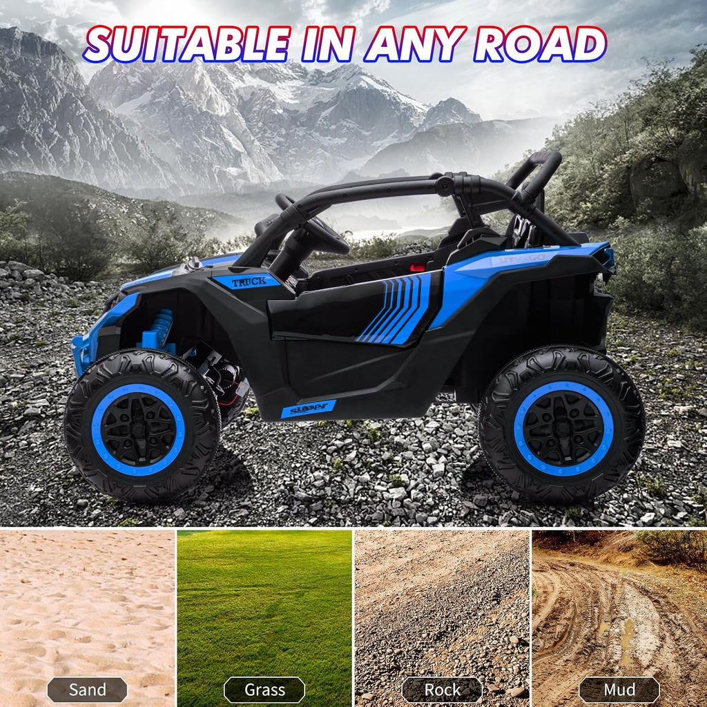 GarveeLife 24V Ride On Utv for Kids, 2 Seater 4WD Electric Truck with Remote Control, High and Low Speed Adjustment, Led Lights, 4-Wheel Shock Absorption, One Click Start, Music Player(Blue)