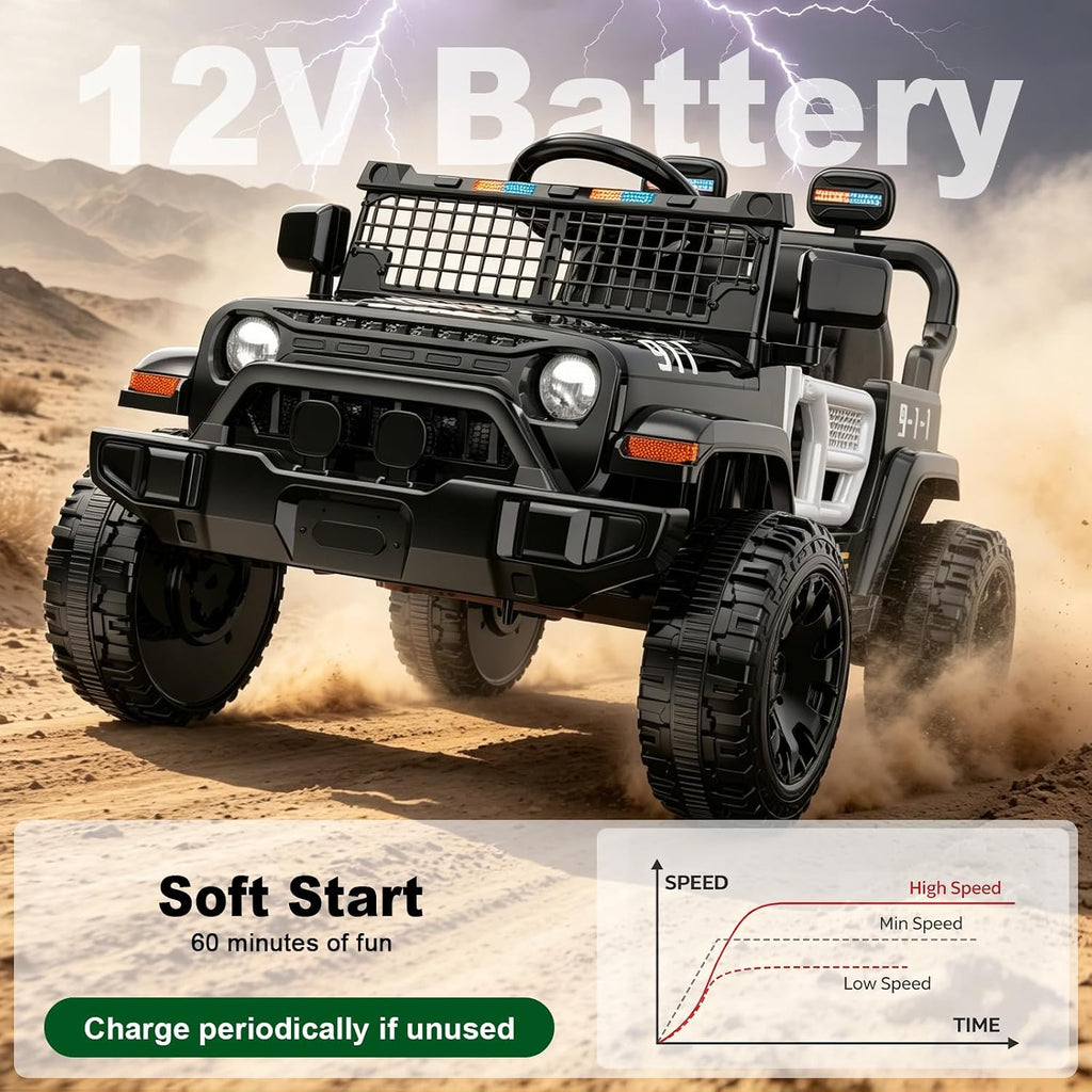 12V Ride on Car with Parent Remote Control, Toddler Police Electric Car with Spring Suspension, LED Lights & Music Player - Safe Battery Toy for Kids, Christmas & Birthday Gift