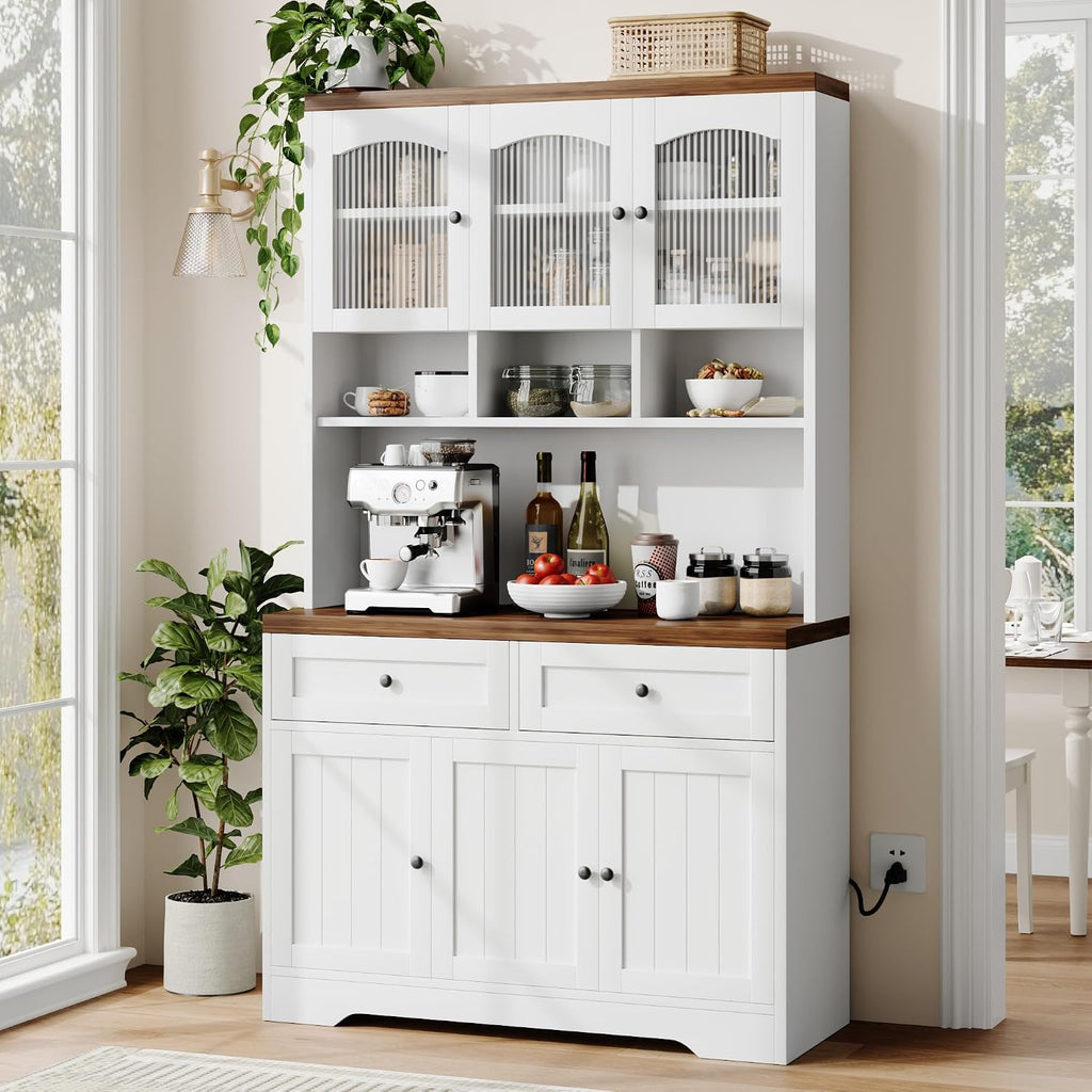 GarveeHome Pantry Cabinet with Charging Station, Tall Kitchen Pantry Storage Cabinet with Hutch,70.8 Inch Kitchen Cabinet with 30mm Thickened Countertop, Fluted Glass Doors, for Dining Room, White