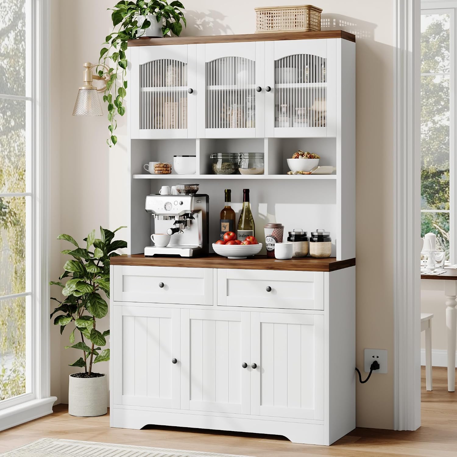 GarveeHome Pantry Cabinet with Charging Station, Tall Kitchen Pantry Storage Cabinet with Hutch,70.8 Inch Kitchen Cabinet with 30mm Thickened Countertop, Fluted Glass Doors, for Dining Room, White