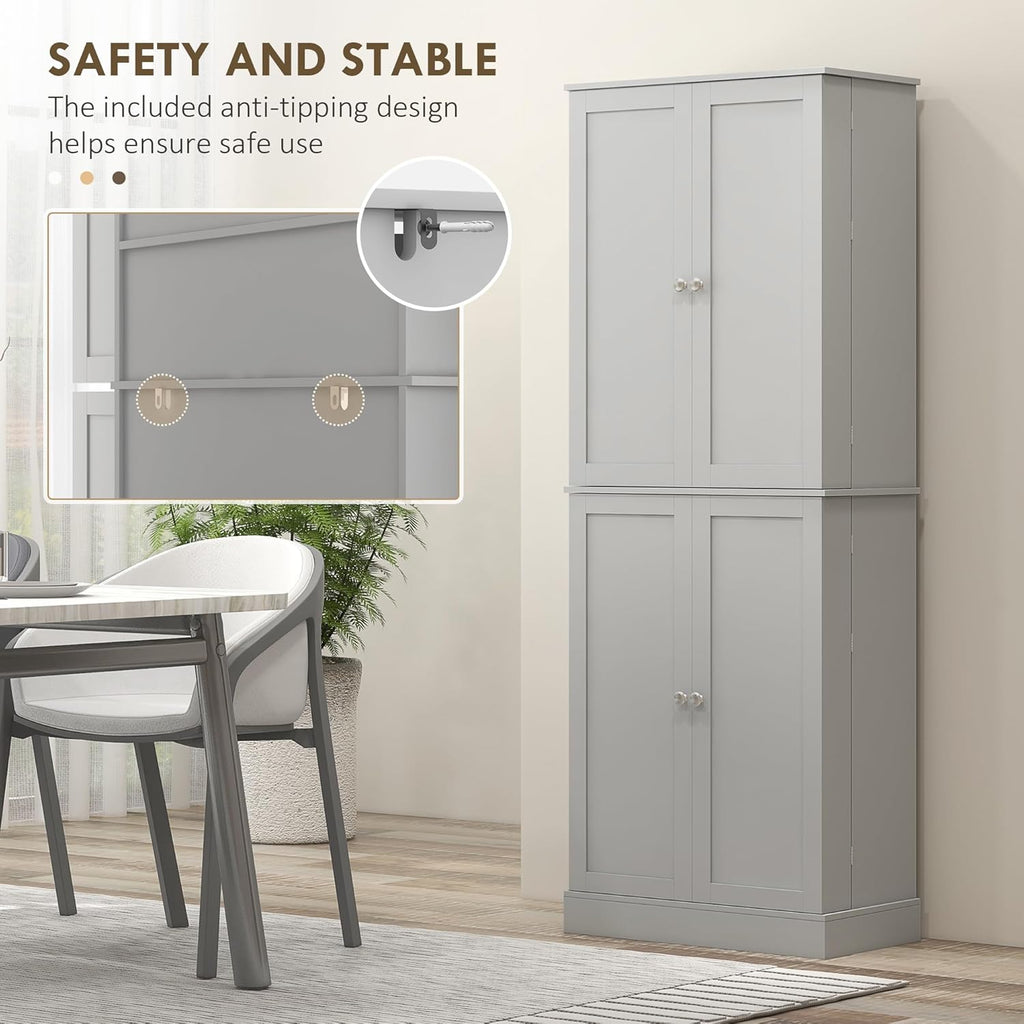HOMCOM 65' Kitchen Pantry Storage Cabinet, Freestanding Kitchen Cabinet with 16 Door Shelves, Double Doors, 8-Tier Shelving and Adjustable Shelves, Gray