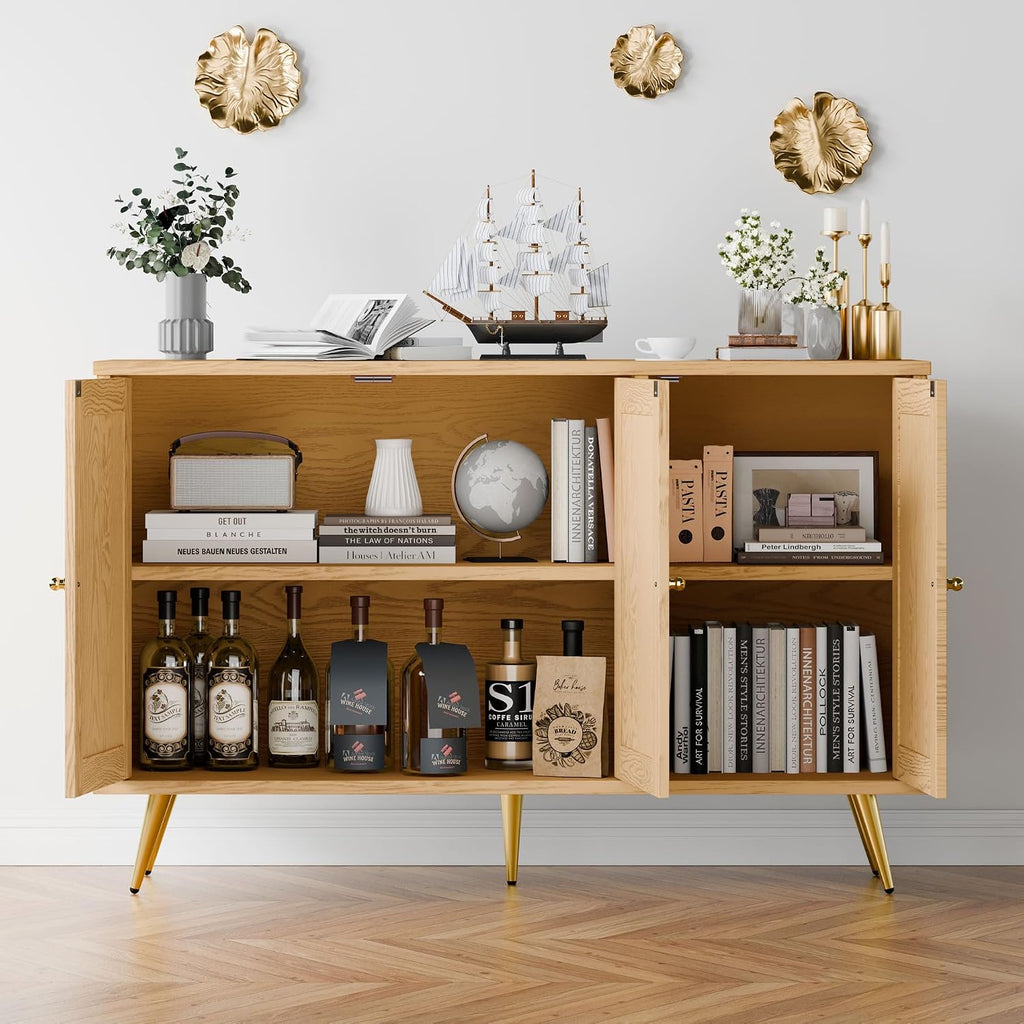 JAMFLY 47.2' Buffet Sideboard Cabinet with Storage, Kitchen Storage with 3 Rattan Decorated Doors, Accent Cabinet for Dining Room, Living Room, Entryway, Hallway, Natural