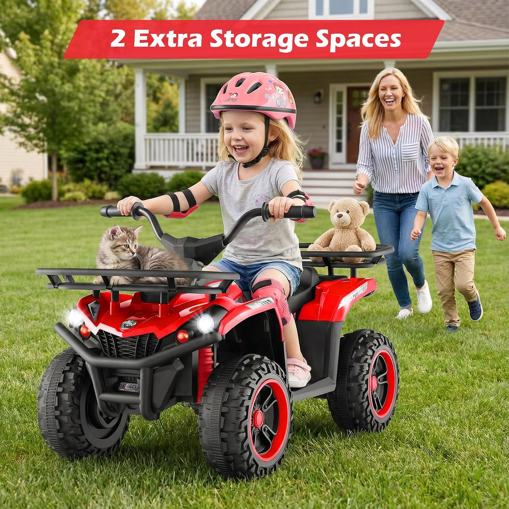 OLAKIDS 12V Kids ATV Quad with 2 Speeds, Spring Suspension, LED Lights, Music & Story Player, Big Tires, 2 Storage Spaces, Ride On Car for Boys Girls Ages 3+ (12V, Red)