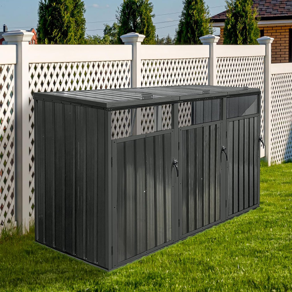 Garbage Can Storage Shed for 3 Trash Bins Outdoor Metal Bin Enclosure with Lockable Doors and Ventilation Weather-Resistant Steel Trash Can Hideaway with Lid and Spring Design for Patio Backyard Black