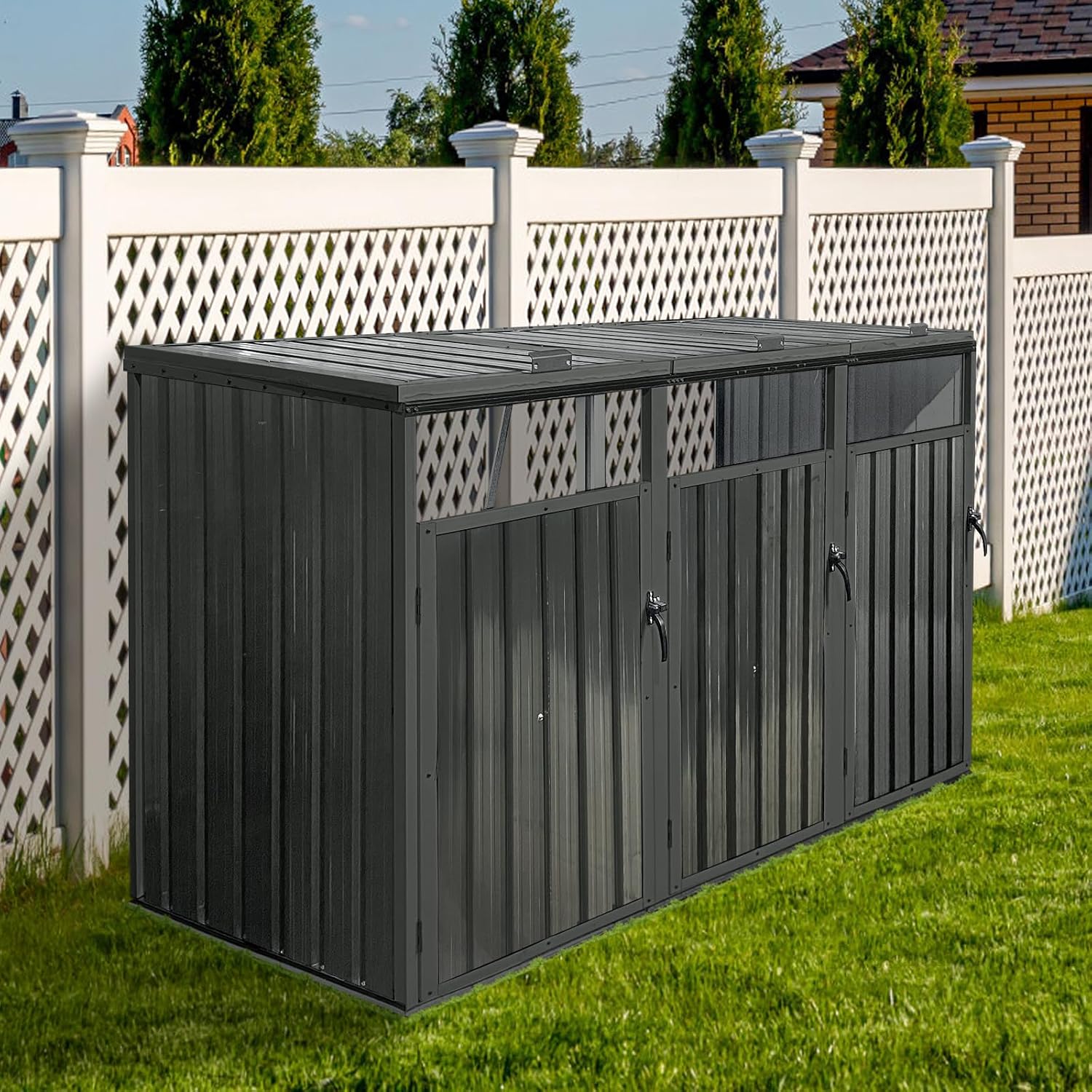 Garbage Can Storage Shed for 3 Trash Bins Outdoor Metal Bin Enclosure with Lockable Doors and Ventilation Weather-Resistant Steel Trash Can Hideaway with Lid and Spring Design for Patio Backyard Black