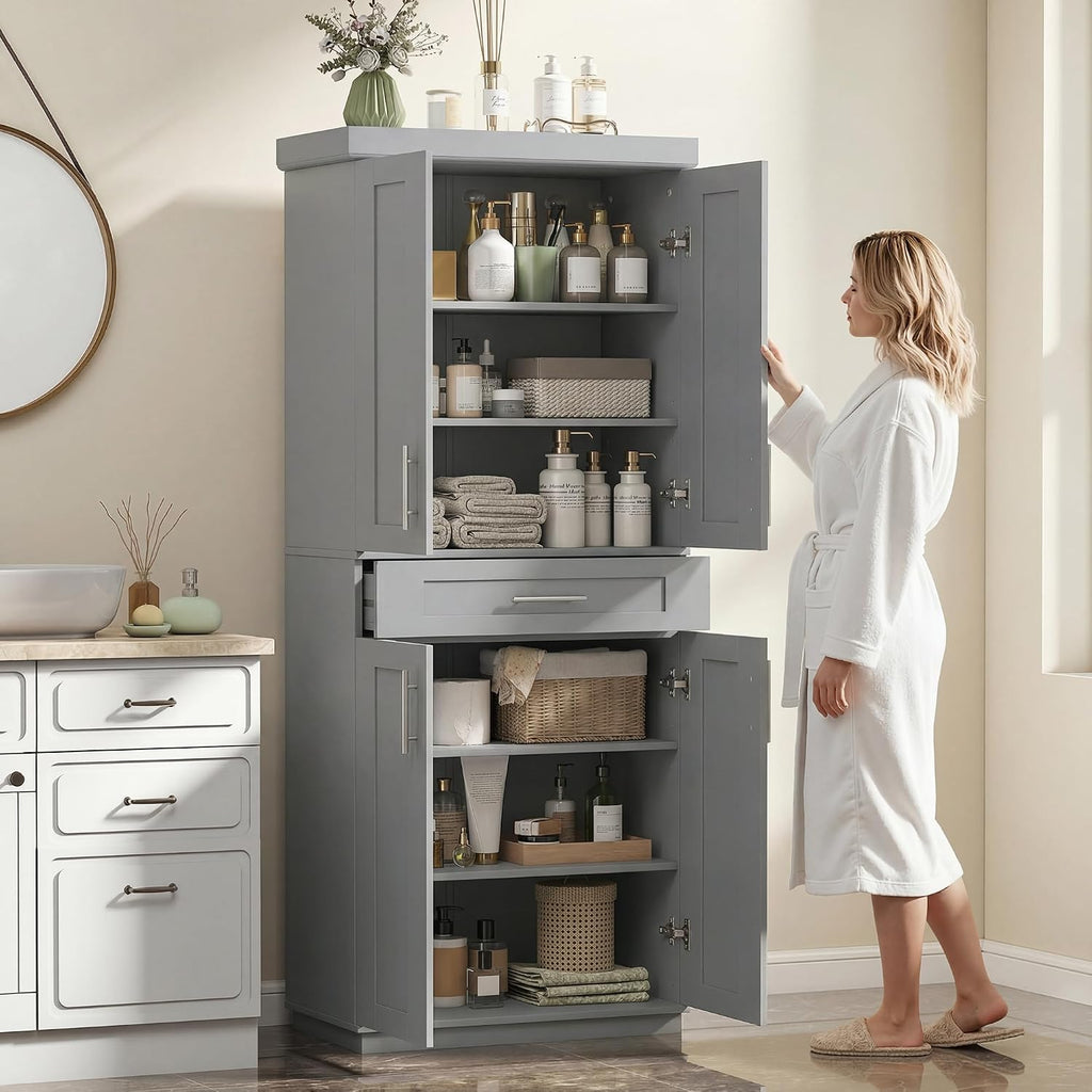 HOMCOM 72' Kitchen Pantry Cabinet, Freestanding Tall Storage Cabinet with 4 Doors, Drawer and 3 Adjustable Shelves for Dining Room, Gray