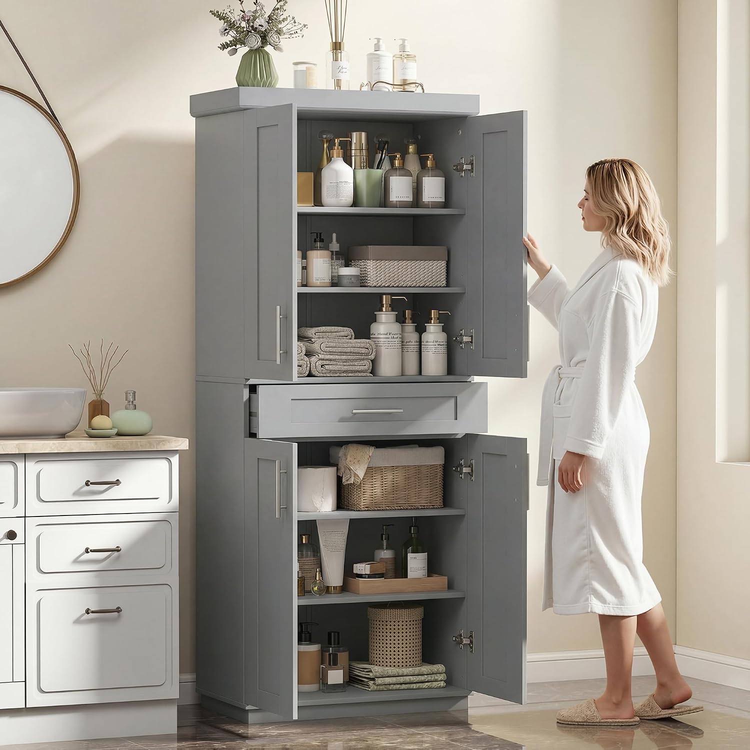 HOMCOM 72' Kitchen Pantry Cabinet, Freestanding Tall Storage Cabinet with 4 Doors, Drawer and 3 Adjustable Shelves for Dining Room, Gray