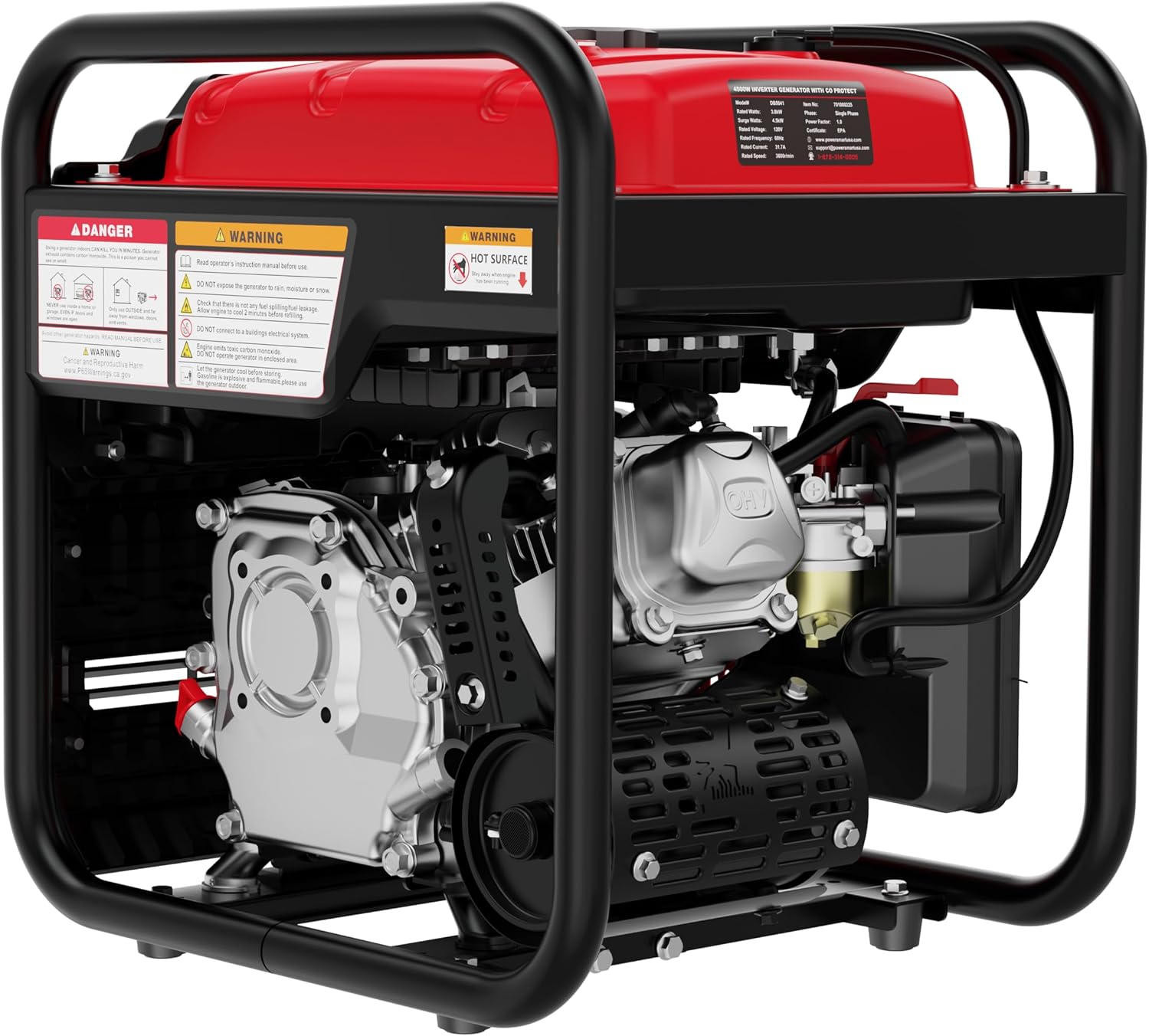 PowerSmart 4500W Portable Inverter Generator with CO Alarm, 223cc Gas Powered Engine, Quiet Run for RV Ready, Home Backup, Emergency, & Camping, EPA Compliant, Parallel Ready