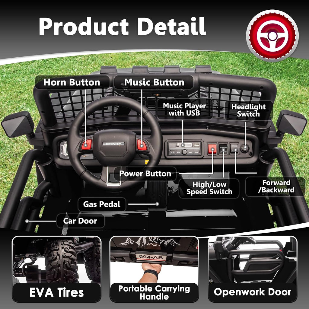 Sopbost 24V 7Ah 2 Seater Ride On Truck Ride On Toy for Big Kids Ride On Car with Remote Control Off-Road Electric Car with Shock Absorber, LED Lights, Bluetooth Music Player, EVA Tires, Black