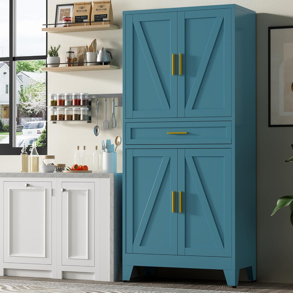 Baborokic 71' Tall Metal Storage Cabinet with Adjustable Shelves,Farmhouse Kitchen Pantry Cabinet with 2 Barn Doors and Drawer,Large Storage Cabinets for Dining Room,Bathroom,Living Room(Blue)