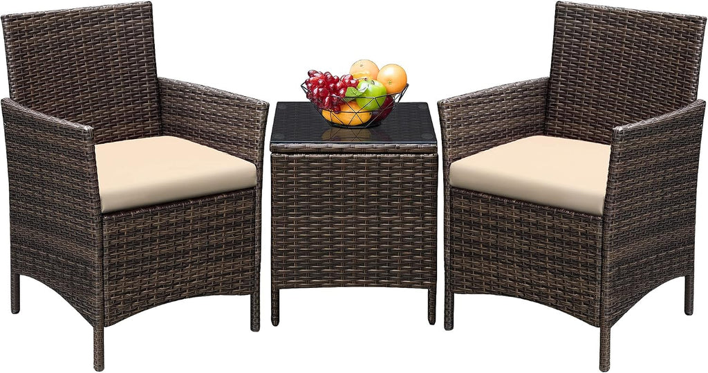 Greesum 3 Pieces Patio Furniture PE Rattan Wicker Chair Conversation Set, Brown and Beige & Keter Marvel Plus 71 Gallon Resin Deck Box-Organization and Storage
