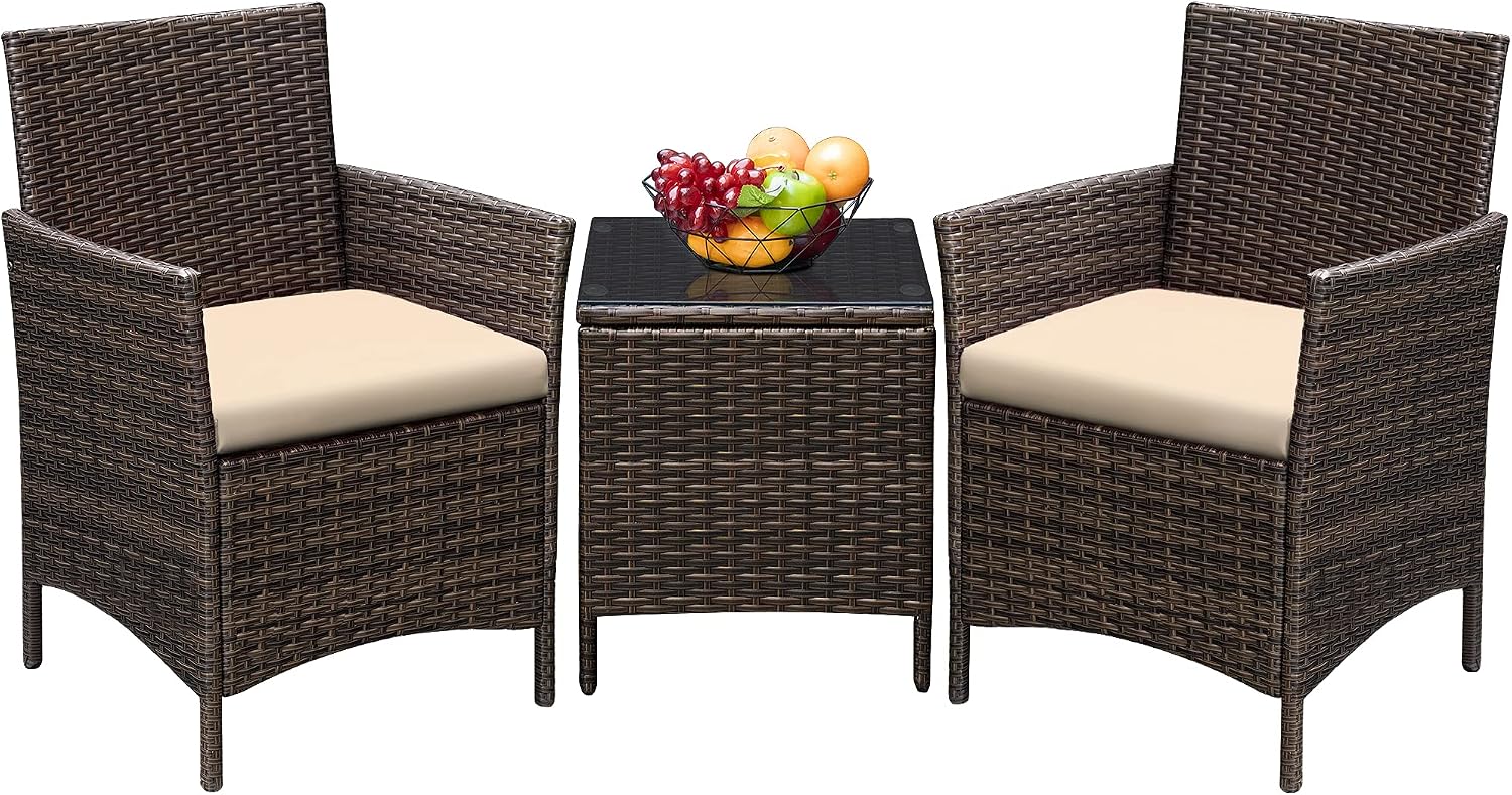 Greesum 3 Pieces Patio Furniture PE Rattan Wicker Chair Conversation Set, Brown and Beige & Keter Marvel Plus 71 Gallon Resin Deck Box-Organization and Storage