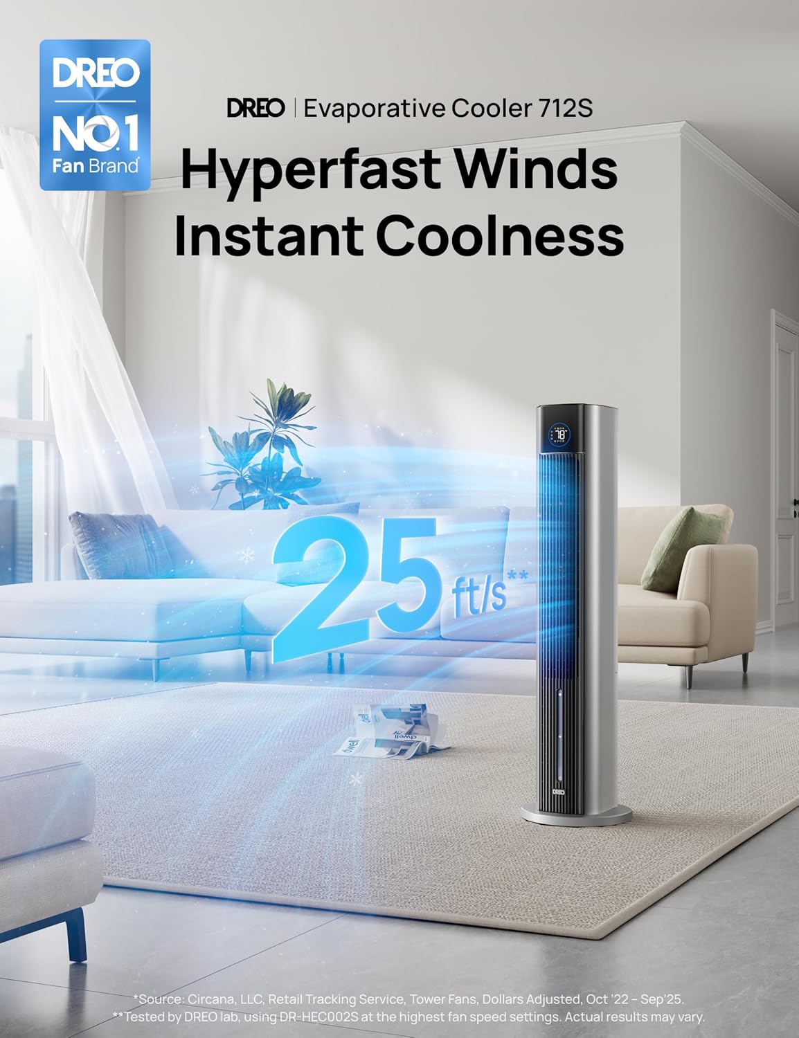 DREO Portable Air Conditiioner, 43' Cooling Fans That Blow Cold Air 2025 Upgraded, Evaporative Air Cooler, Quiet 85° Oscillating Fan, Easy Cleaning, APP Control, 4 Modes & 4 Speeds, 12H Timer, Silver