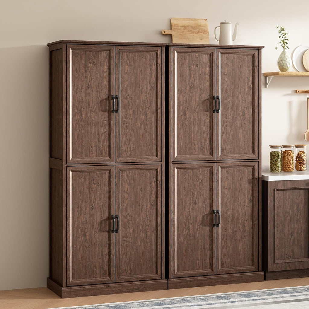 Tradare 71'' Tall Pantry Cabinet Set of 2, Farmhouse Kitchen Pantry Storage Cabinet with Barn Door and Adjustable Shelves, Rustic Wood Freestanding Cupboard for Kitchen, Dining Room, Brown
