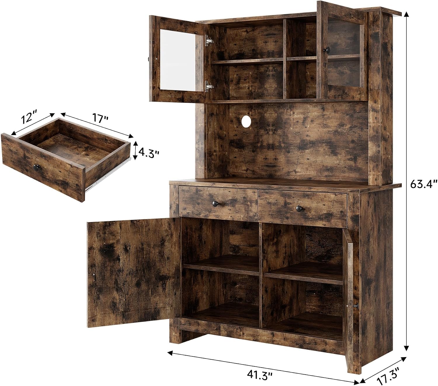 63' Tall Farmhouse Kitchen Pantry Cabinet with Microwave Stand, Freestanding Pantry Hutch Cabinet with Adjustable Shelves, Drawers & Countertop, Buffet Cupboard for Dining&Living Room Storage, Retro