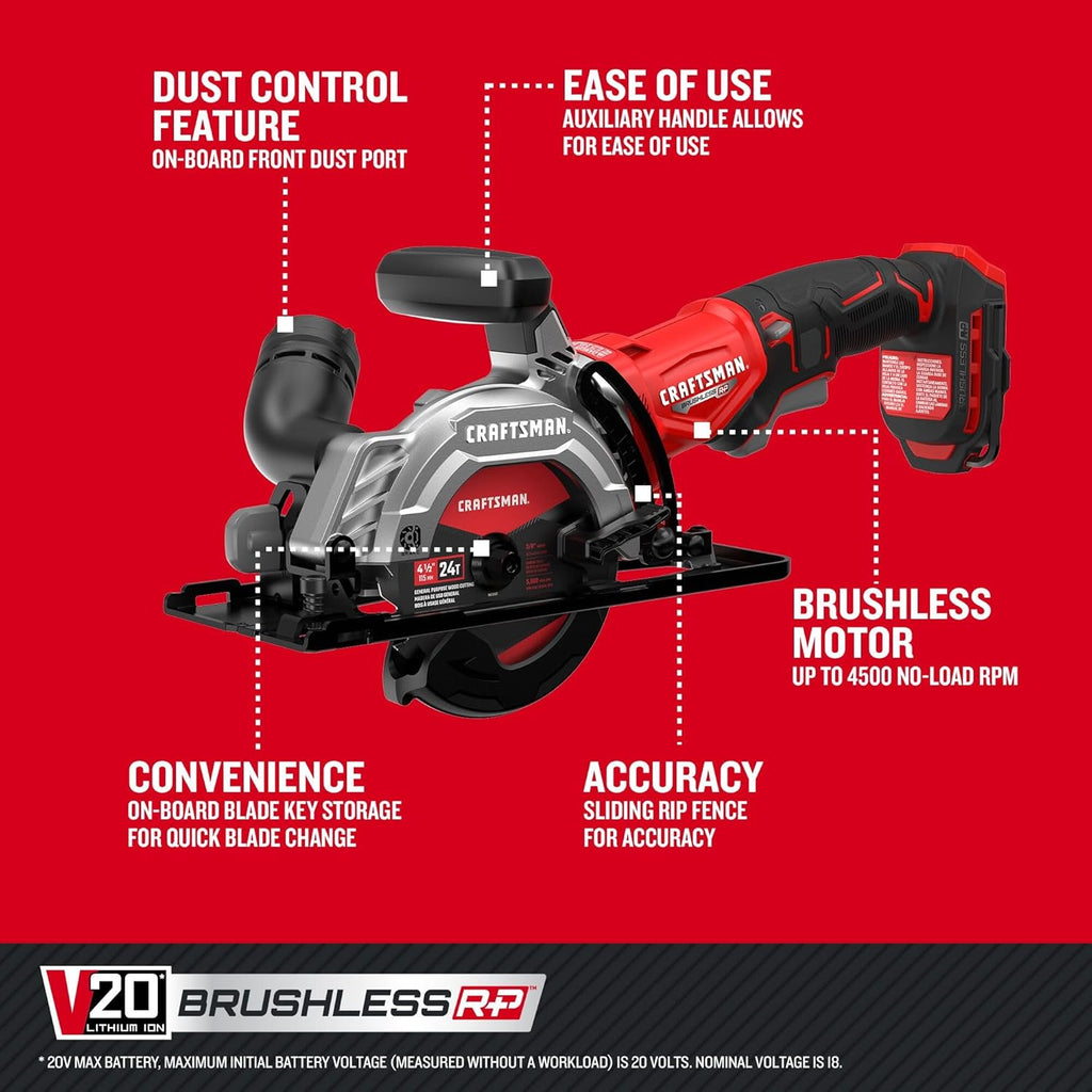 CRAFTSMAN V20 4-1/2 Inch Cordless Circular Saw, Bare Tool Only (CMCS405B)