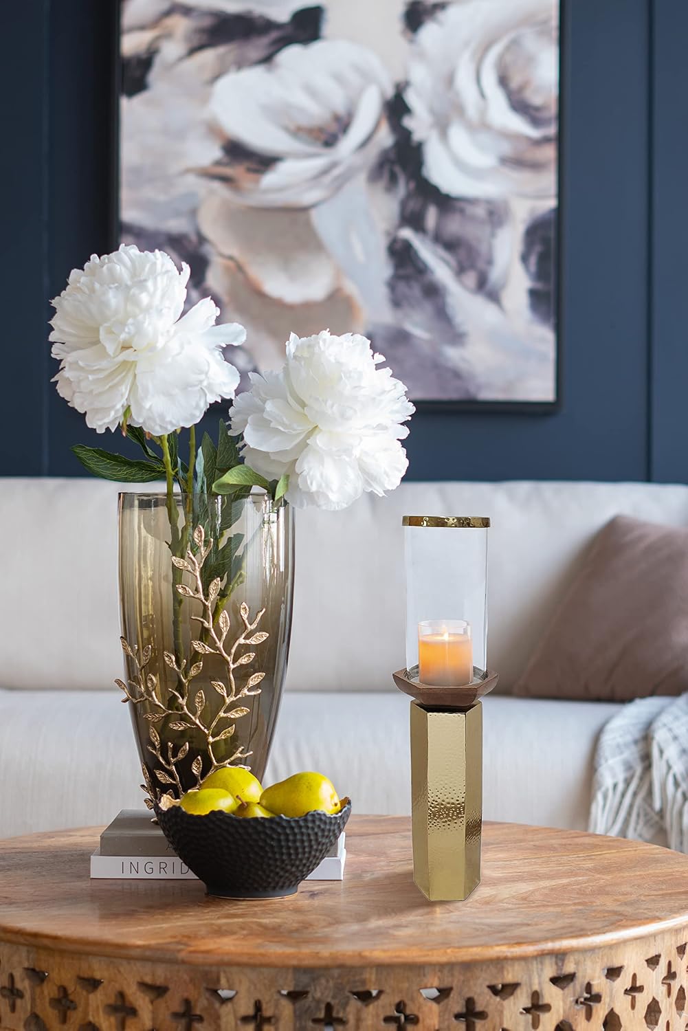 A&B Home Hammered Gold Candle Holder- Aluminum Candle Holder with Hurricane Glass, Decorative Tabletop Lighting, Living Room Coffee Table Accent Piece Dining Table Centerpiece, 5' x 5' x 21'