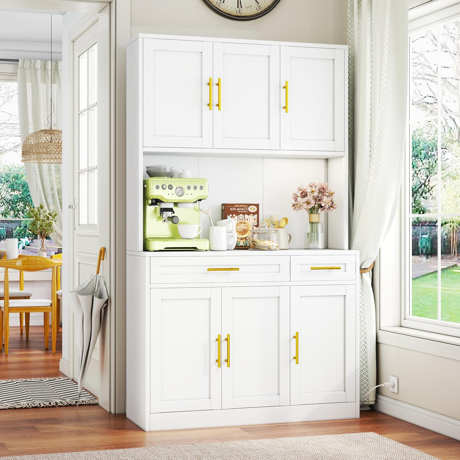 GAIOUS 71' Metal Kitchen Pantry Cabinet, Buffet Sideboard with Drawers | 6 Doors 4 Adjustable Shelves Open Countertop Charging Cable Hole Coffee Bar Cabinet Cupboard for Dining Living White