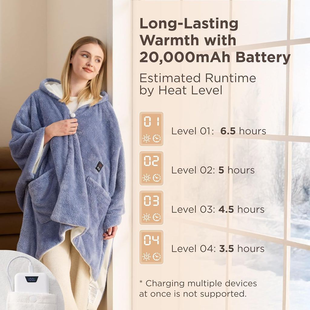Bedsure Cordless Wearable Heated Blanket - Fluffy Electric Blanket Hoodie with 20000mAh Battery Pack, Portable USB Heated Shawl as Winter Gifts for Women Mom, 4 Heat Levels & 4 Timers, 55'x69', Blue