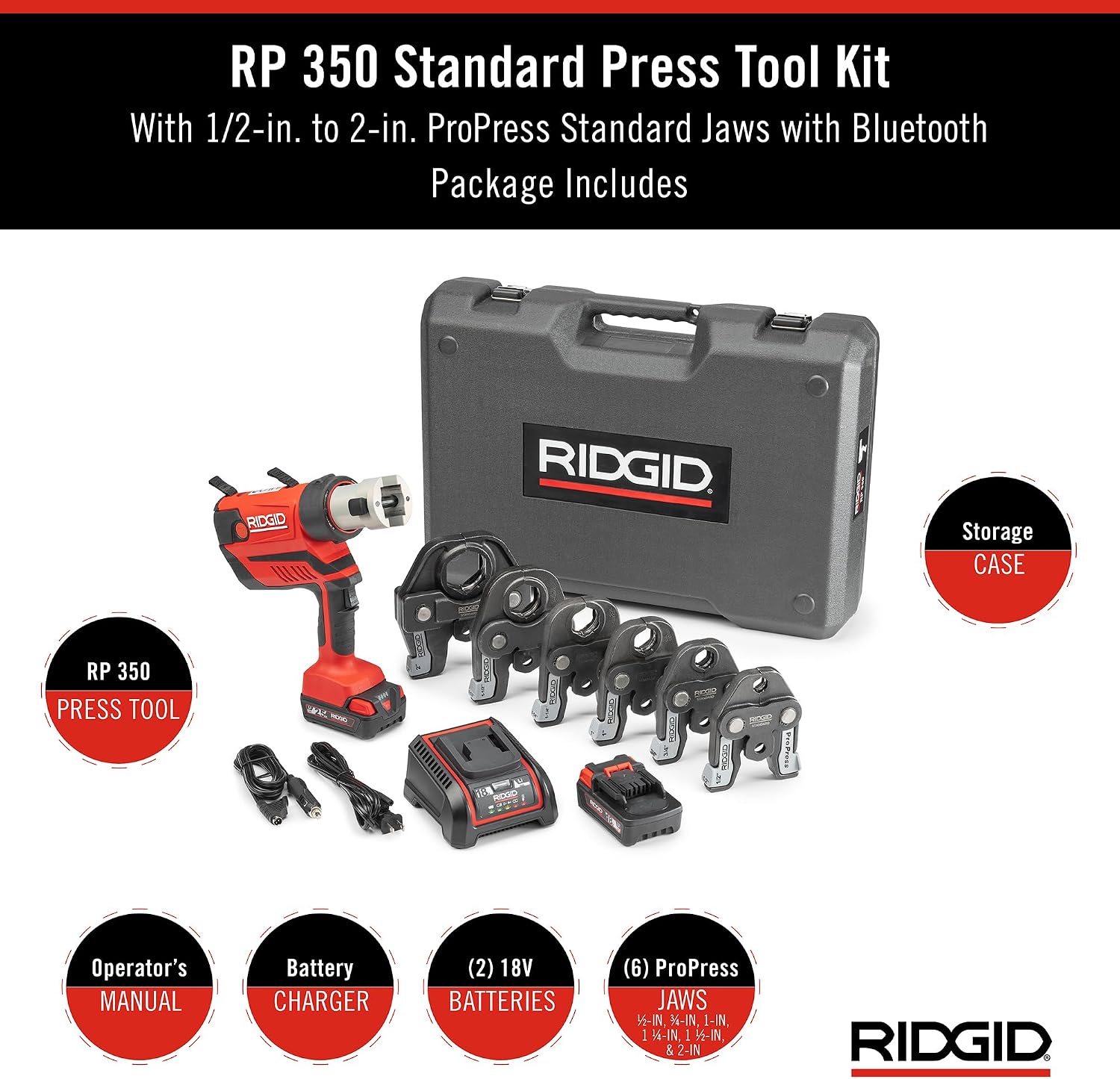 RIDGID 67053 RP 350 ProPress 8-Piece Pressing Tool Kit with 18-Volt Battery, Charger, 4 ProPress Press Tool Jaws (1/2' to 2'), and Case