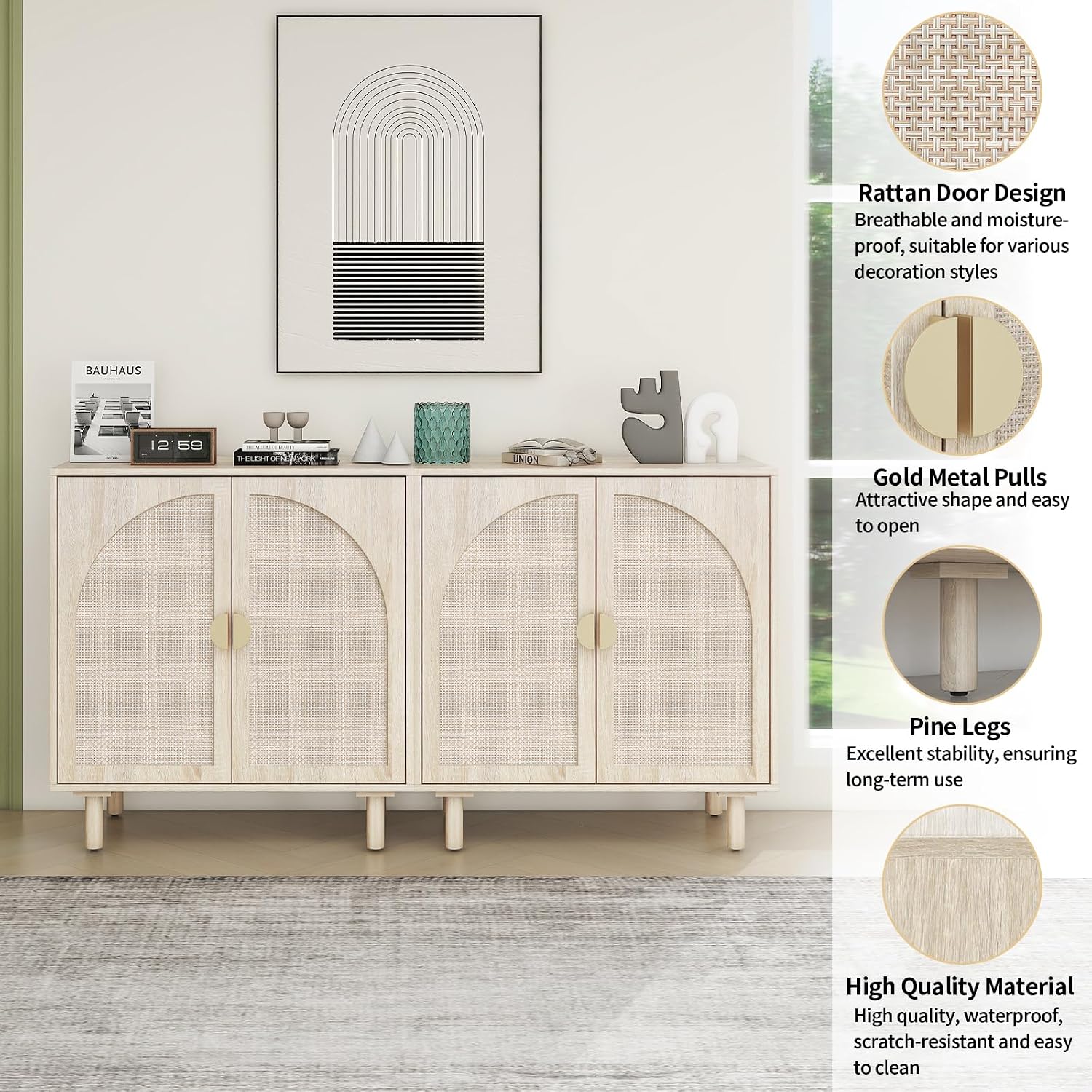 vistavie Rattan Buffet 2 Door Cabinet with Storage, Sideboard Storage Cabinet with Solid Pine Legs, Accent Wood Cabinet for Living Room, Dining Room, Kitchen (Natural, Set 2)