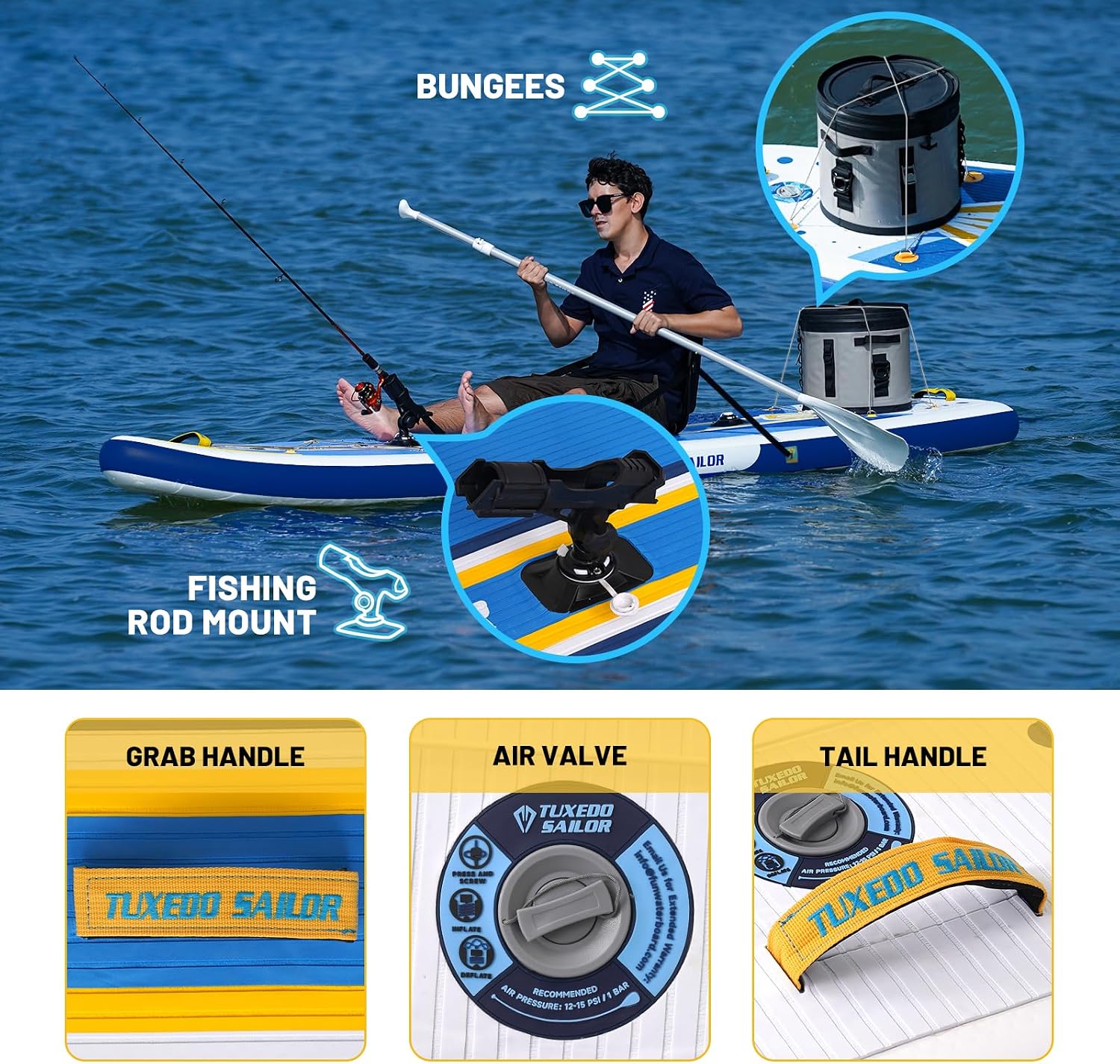 Tuxedo Sailor Large Size Inflatable Fishing Kayak 12'×34'×6' Ultra-Light Paddle Board, Stand Up Paddle Board Complete Accessories, Fishing Support Bases, Kayak Seat etc