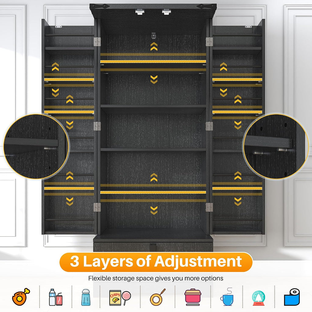 kepptory Kitchen Pantry Cabinet, Pantry Storage Cabinet with Adjustable Shelves and Drawer, Kitchen Buffet Cupboards Storage Shelf for Home Office Use (Black, 16' D x 24' W x 55' H)
