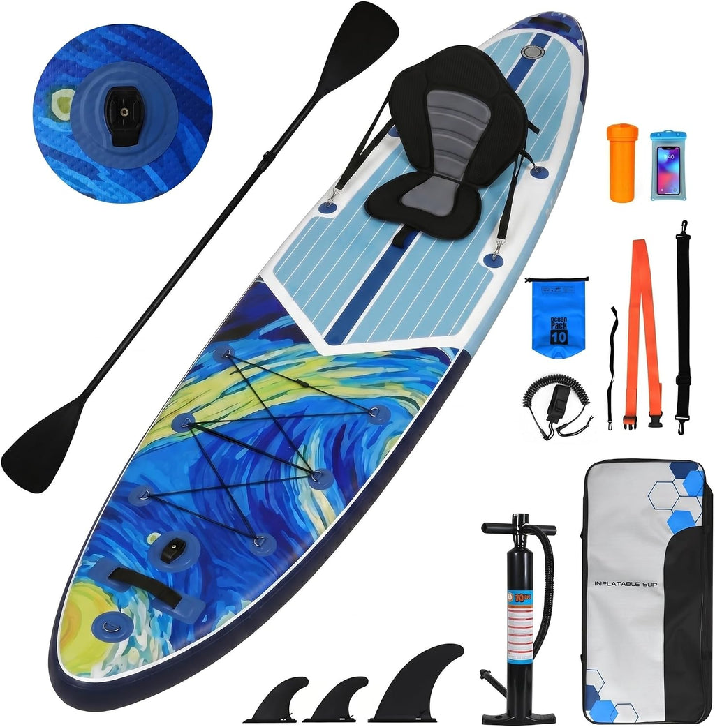 YUSING 11' Inflatable Stand Up Paddle Board with Kayak Seat, Non-Slip Deck SUP Paddle Board with Premium Kayak and SUP Accessories & Backpack, Portable Standing Boat for Youth & Adult