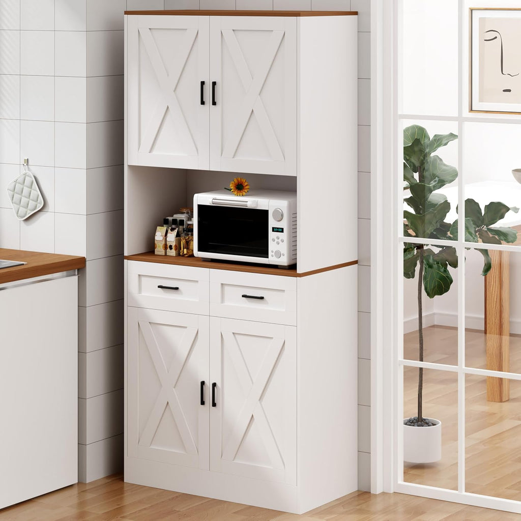 71' Kitchen Pantry Storage Cabinet, Kitchen Hutch with Microwave Stand and Adjustable Shelves Freestanding Cupboard for Dining Living Room, White