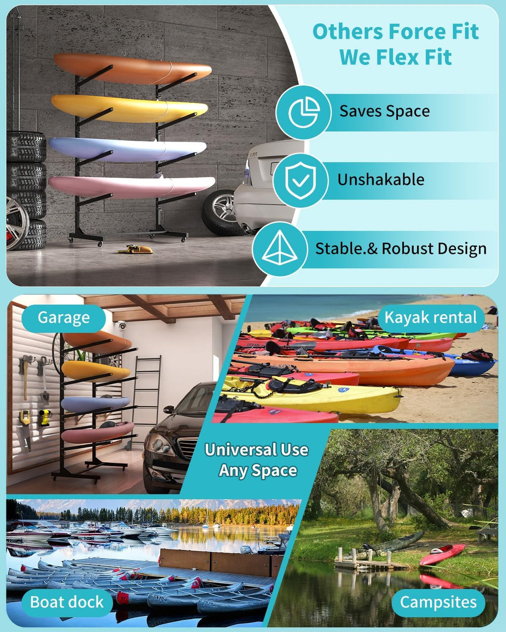 Kayak Rack, Heavy Duty Freestanding Kayak Storage Rack with Movable Wheels, Adjustable Rust-Proof Outdoor Kayak Rack for Holds Kayaks, Canoes, SUPs & Paddleboards.