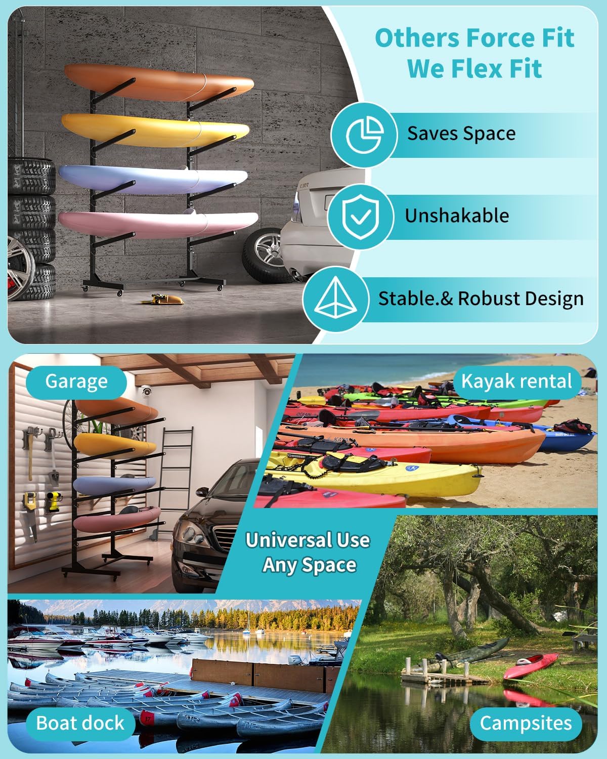 Kayak Rack, Heavy Duty Freestanding Kayak Storage Rack with Movable Wheels, Adjustable Rust-Proof Outdoor Kayak Rack for Holds Kayaks, Canoes, SUPs & Paddleboards.
