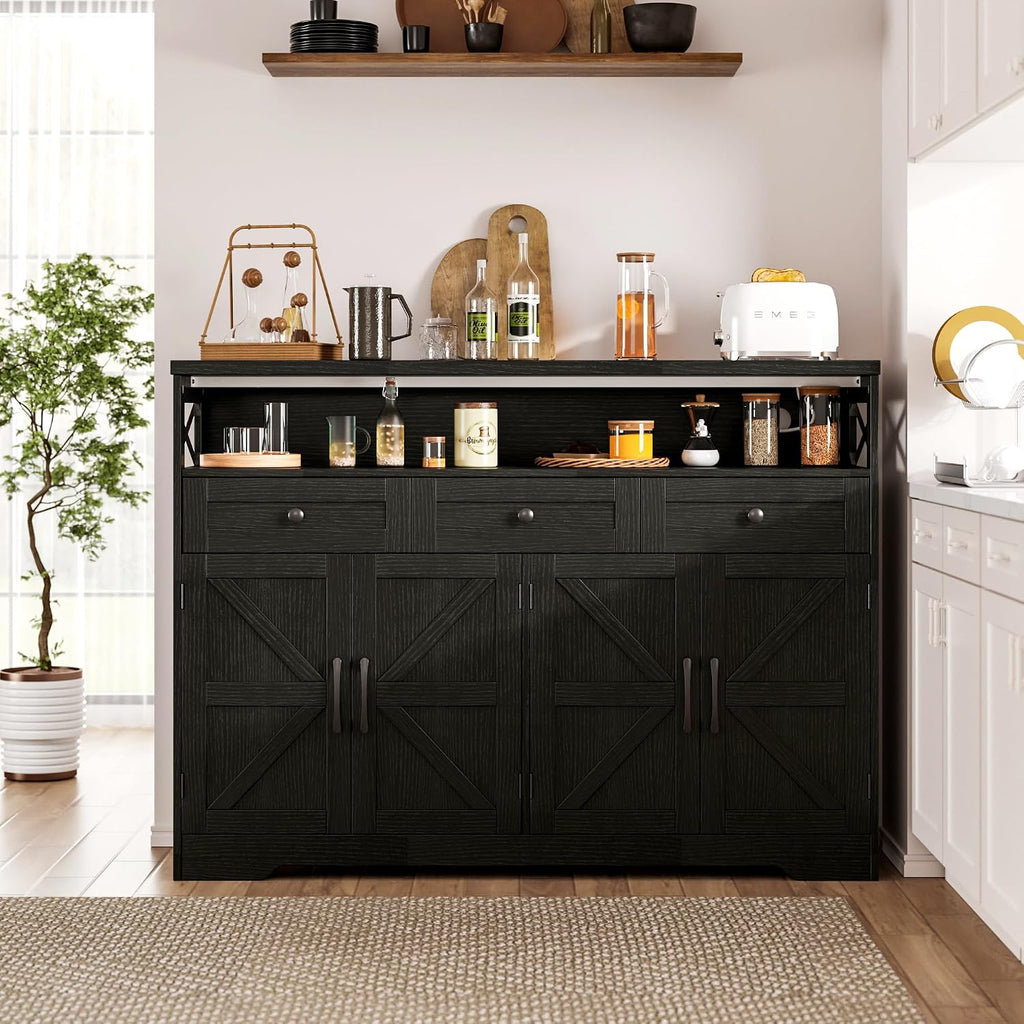 Befrases 52' L Modern Farmhouse Sideboard Buffet Cabinet, Black Storage Cabinet with Drawers & Shelves, Kitchen Pantry Hutch, Coffee Bar Station Table for Living Room, Dining Room, Entryway