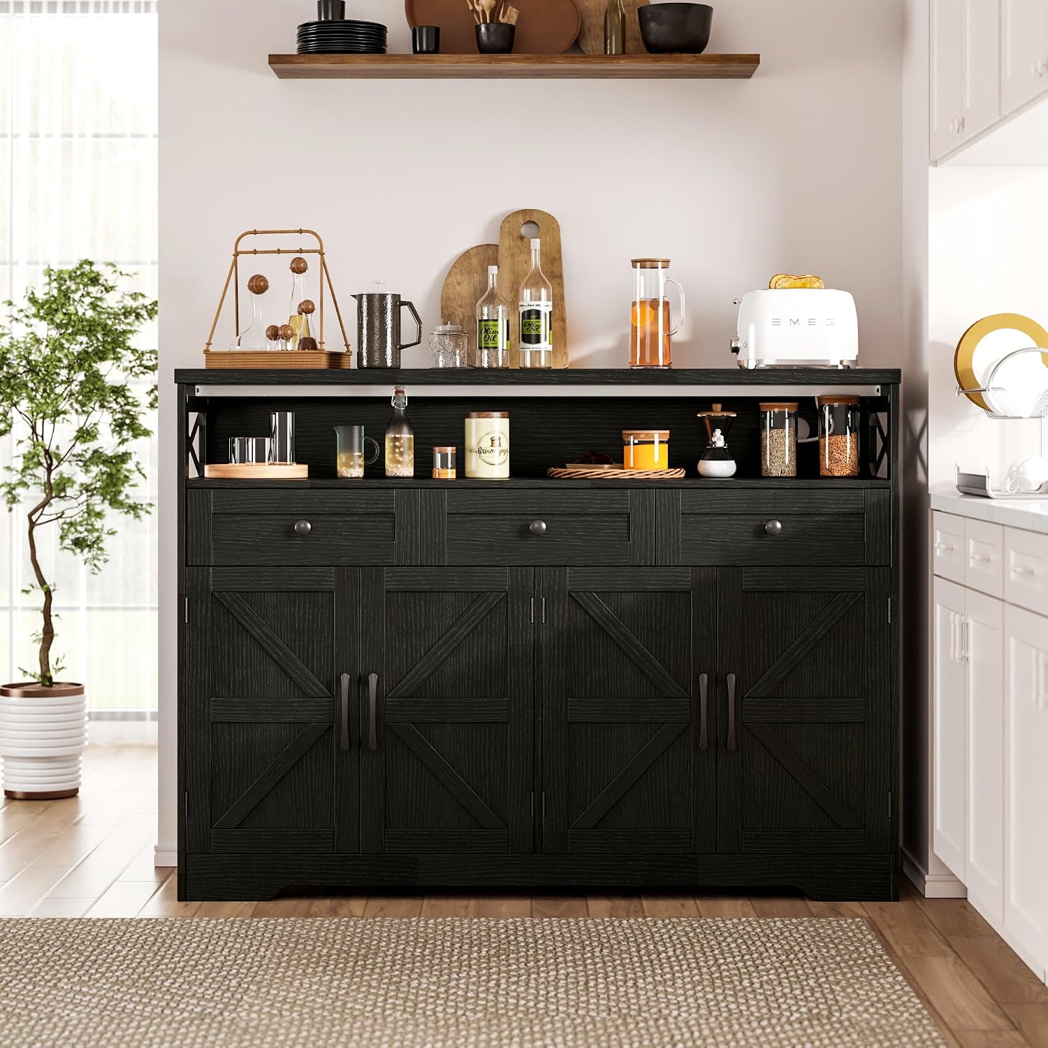 Befrases 52' L Modern Farmhouse Sideboard Buffet Cabinet, Black Storage Cabinet with Drawers & Shelves, Kitchen Pantry Hutch, Coffee Bar Station Table for Living Room, Dining Room, Entryway