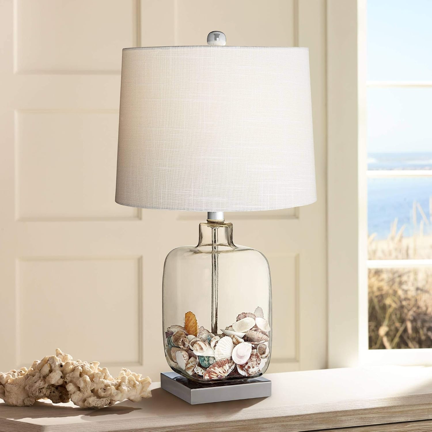 360 Lighting Coastal Country Style Accent 3-Way Table Lamp with Table Top Dimmer 21.75' High Clear Glass White Fabric Drum Shade for Living Room Bedroom House Bedside Nightstand Home Office Family