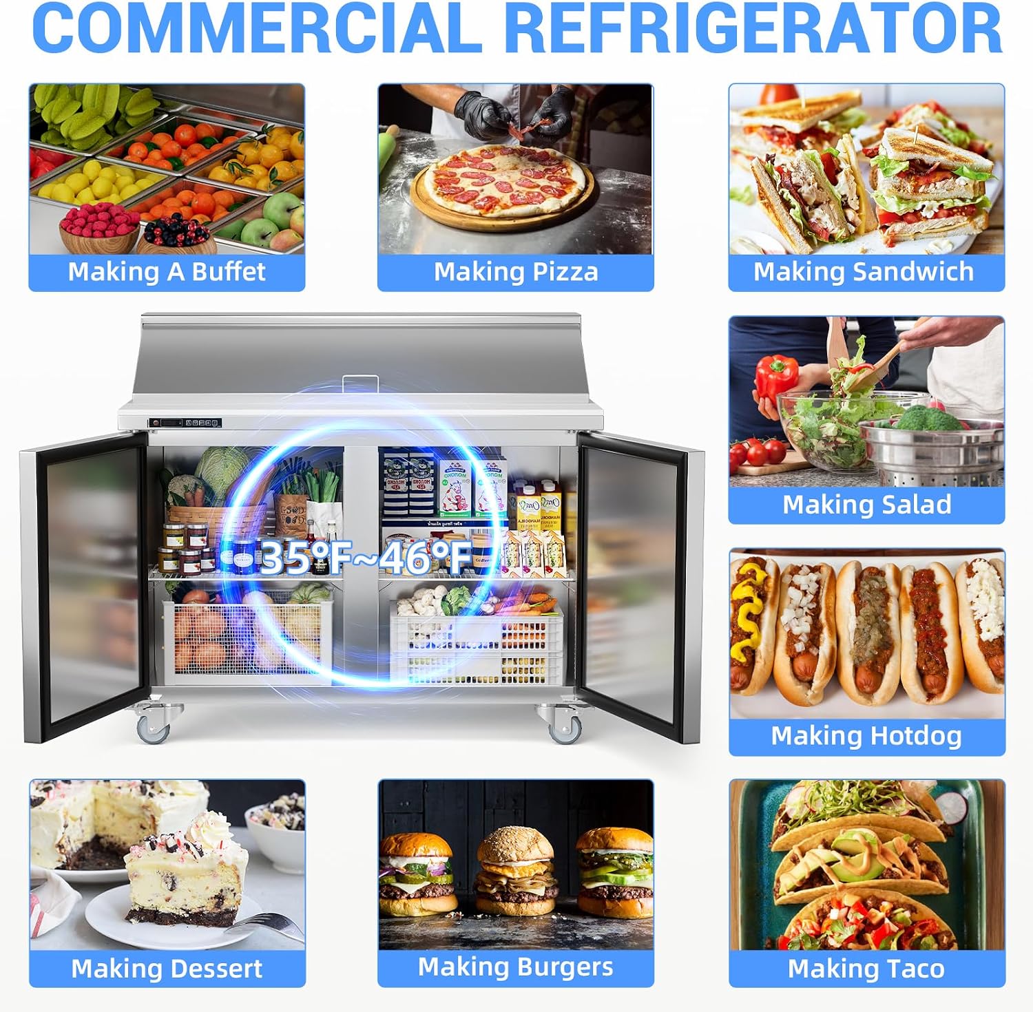 GarveeLife Commercial 48' Sandwich & Salad Prep Refrigerator - Stainless Steel Double Door Undercounter Fridge with 12 Food Pans, Cooling Counter, Cutting Board Worktop, Adjustable Shelf, 12.9 cu. ft
