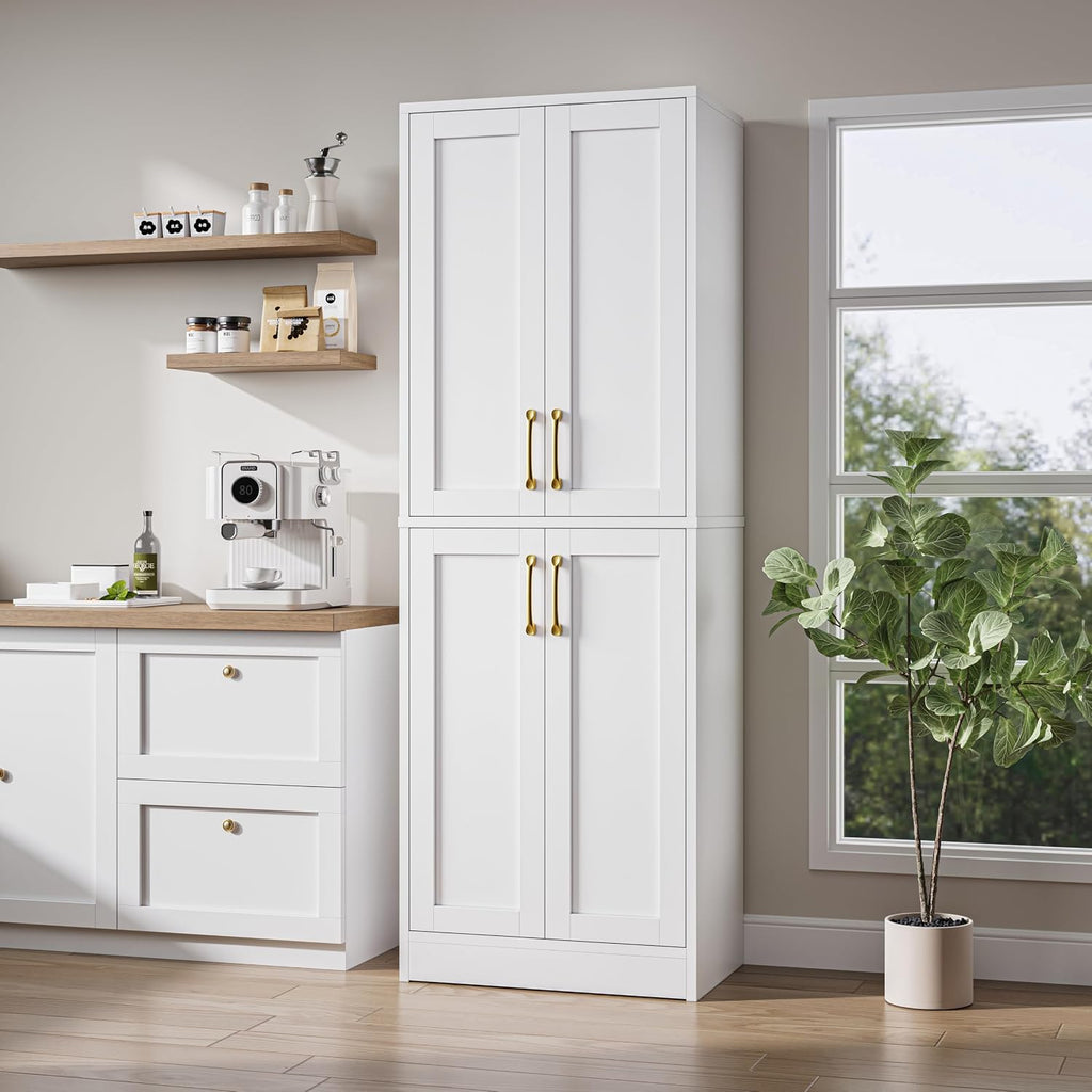 Tall Storage Cabinet, Kitchen Pantry with 4 Doors and Adjustable Shelves, Linen Bathroom Cabinet for Laundry Room, Dining Room, Living Room, Office, White