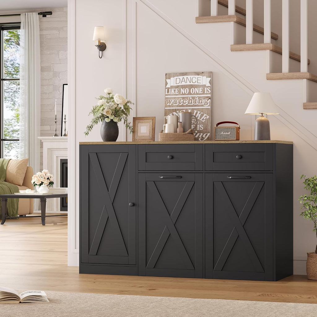 HOSTACK 12.5 Gallon Kitchen Trash Cabinet, 47' Double Trash Can Cabinet, Large Pull Out Can Storage Drawers, Wood Farmhouse Hidden Garbage Storage Buffet for Kitchen, Dining Room, Black