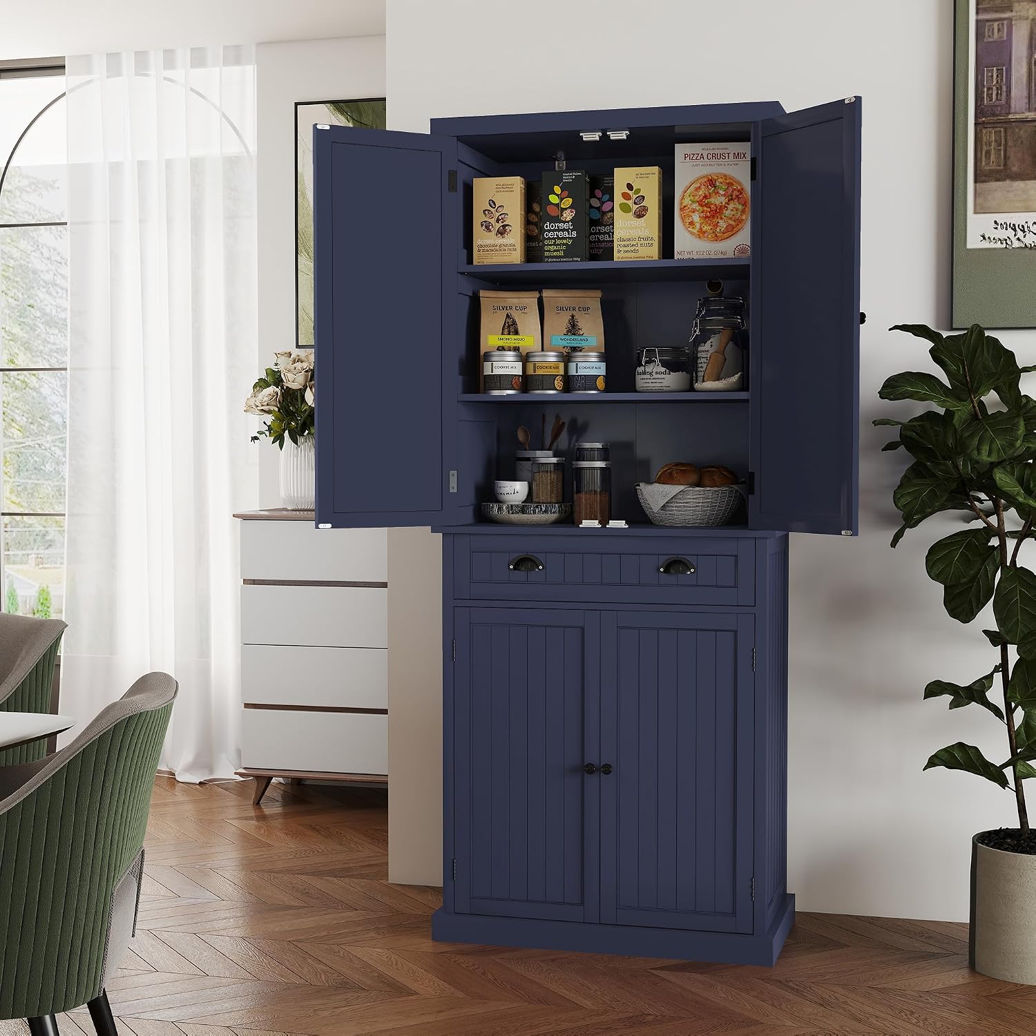 Kitchen Pantry Cabinet, Tall Pantry Storage Cabinet with Drawer and Adjustable Shelves, Blue Freestanding Cupboard for Kitchen, Dining Room and Living Room
