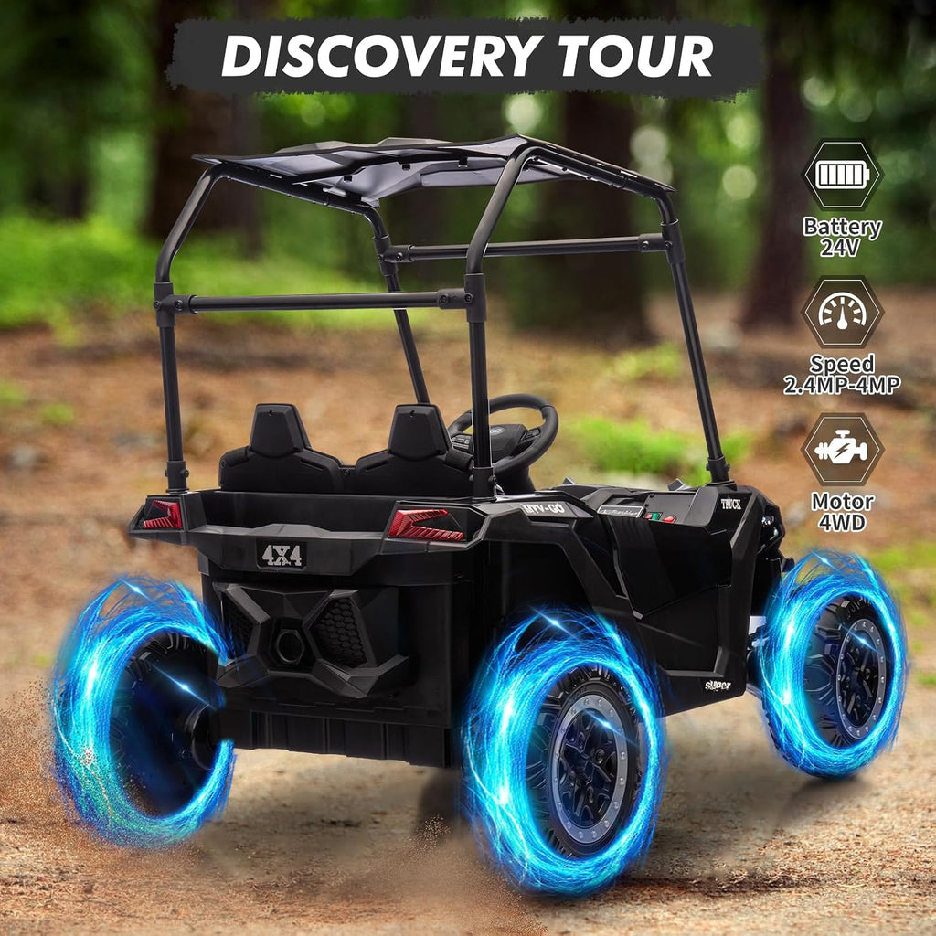 2-Seater Kids Ride On Utv, 24V 4WD Electric Truck with Sun Shade,Remote Control, Adjustable High/Low Speed, Led Lights, 4 Shock Absorbers, One-Button Start, and Music Player,Black