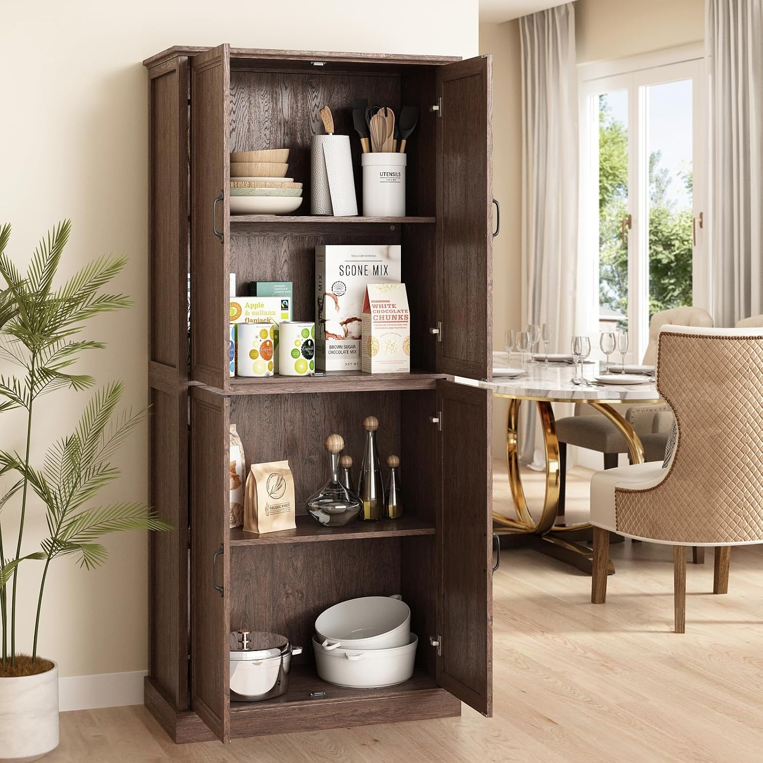 Tradare 71'' Tall Pantry Cabinet, Farmhouse Kitchen Pantry Storage Cabinet with Barn Door and Adjustable Shelves, Rustic Wood Freestanding Cupboard Storage Organizer for Kitchen, Dining Room, Brown