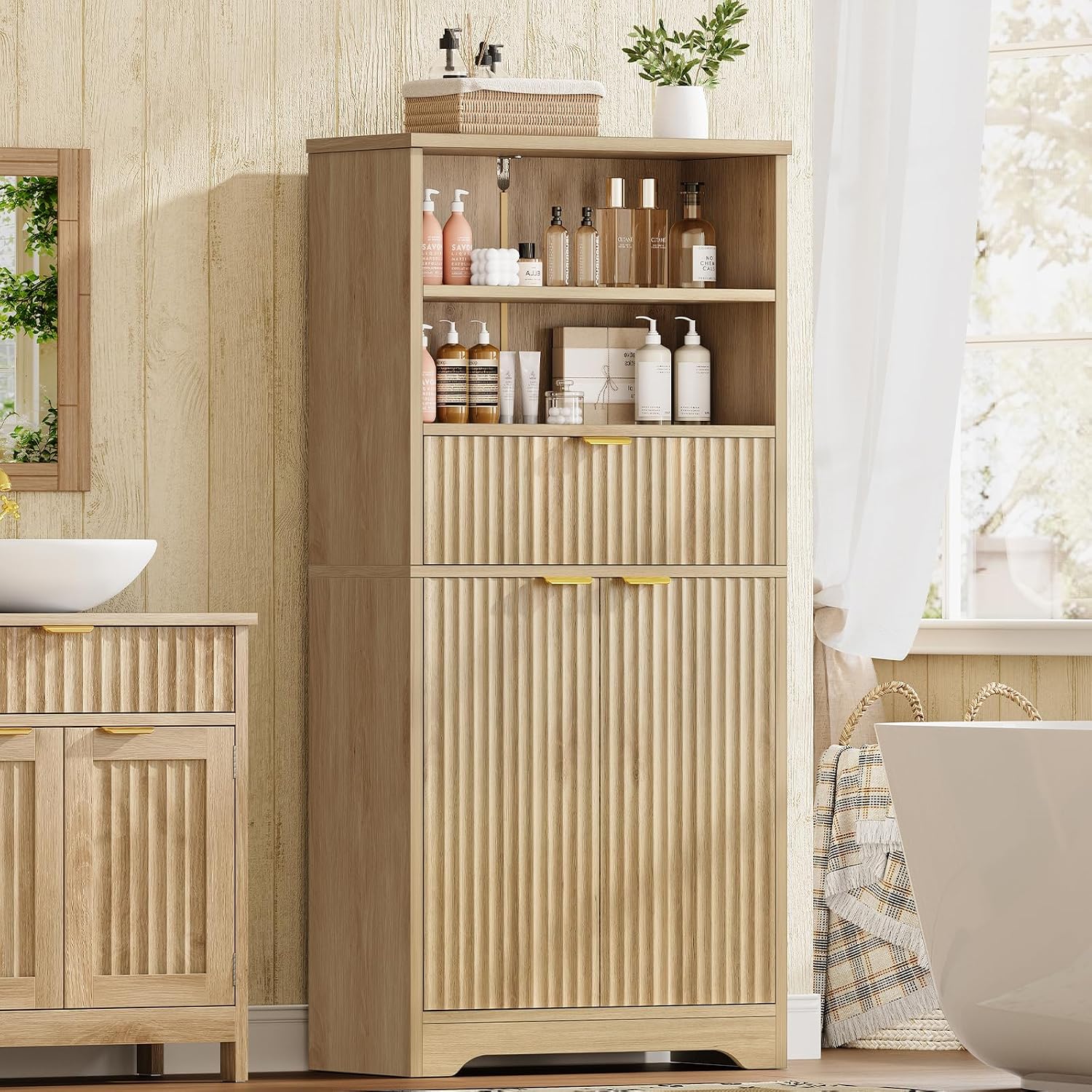 TEENFON Tall Storage Cabinet with Adjustable Shelf & Drawer, Fluted Cabinet with Doors, Kitchen Pantry Cabinets, Bathroom Storage Cabinets, for Living Room, Entryway, Home Office, Natural