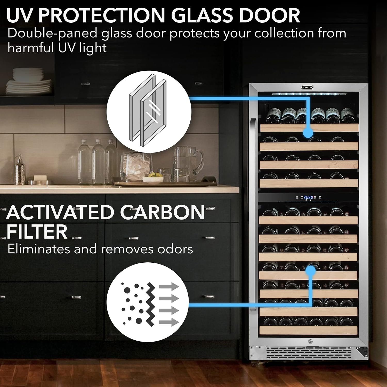 Whynter BWR-0922DZ 92 Built-in or Freestanding Stainless Steel Dual Zone Compressor Large Capacity Wine Refrigerator Rack for Open Bottles and LED Display, Dark Grey