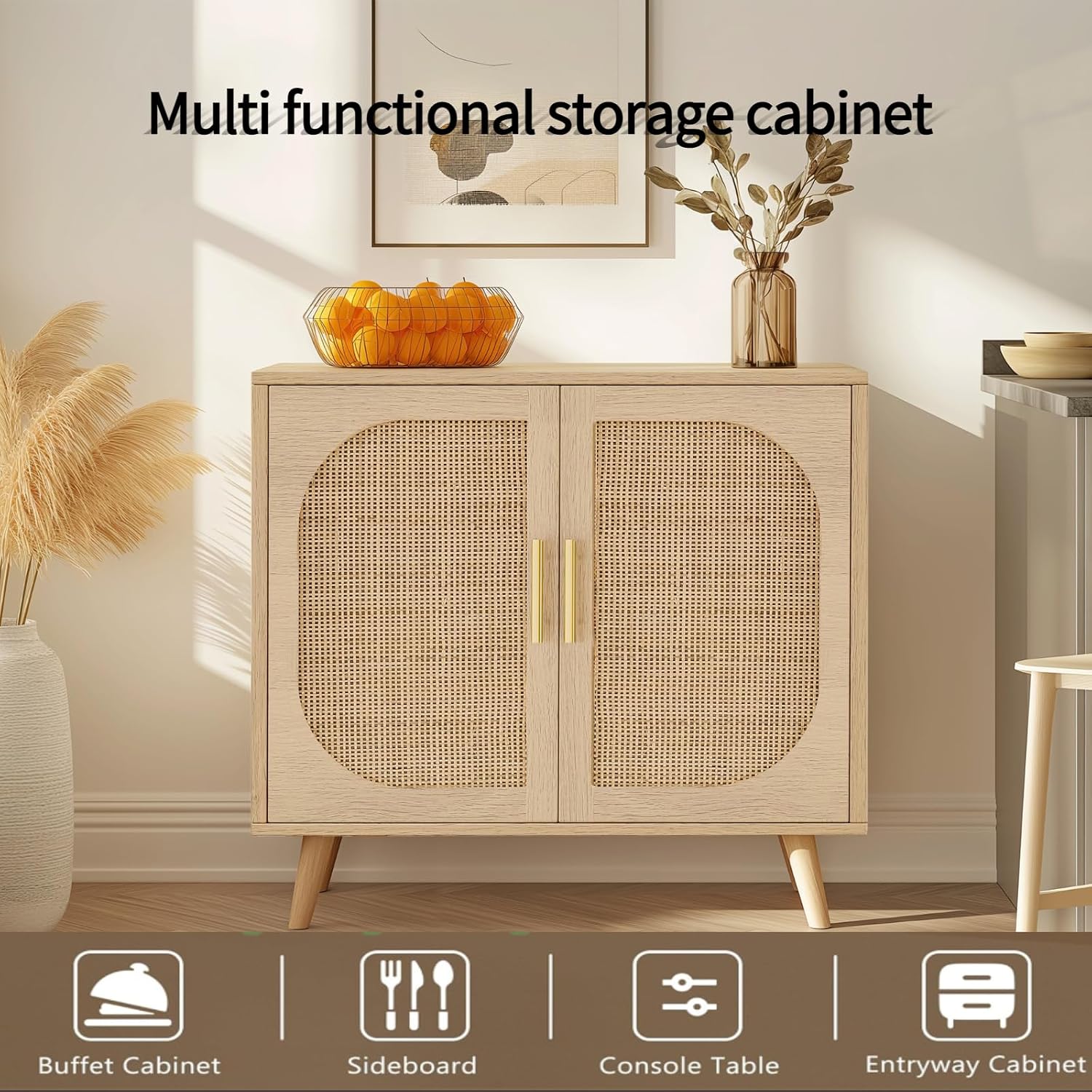 vistavie Buffet Cabinet with Storage, Accent Bathroom Floor Cabinets,Rattan Storage Cabinet with 2 Doors and 4 compartments for Storages,Sideboard Cabinets for Hallway, Entry, Living Room