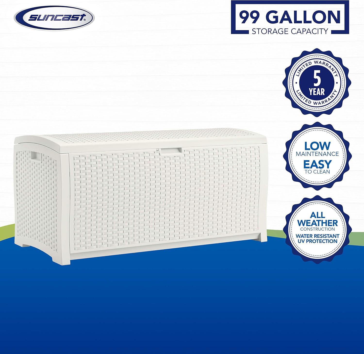 Suncast 99 Gal Resin Wicker Patio Storage Box - Water Resistant Outdoor Storage Container White & 33 Gal Hideaway Trash Can for Patio - Resin Outdoor Trash with Lid