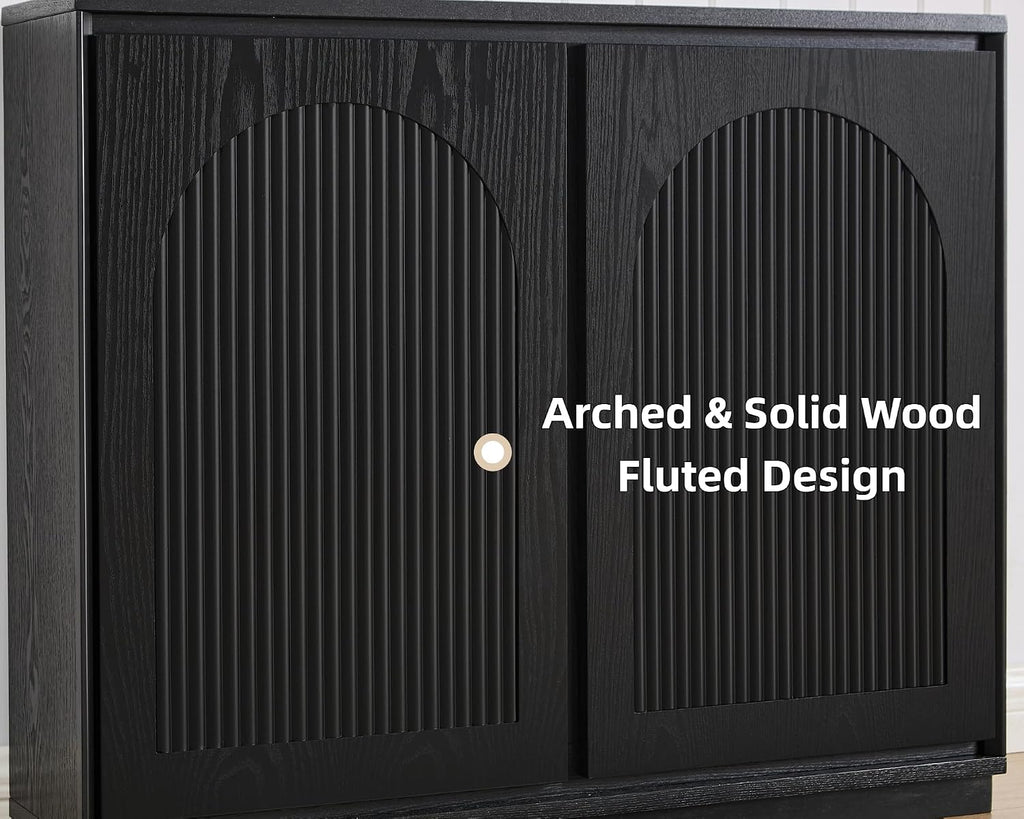 LKTART 39' Black Narrow Sideboard Buffet,Small Credenza Storage Cabinet | Black Sideboard Buffet Cabinet with Arched Solid Wood Doors;Slim Entryway Cabinet for Hallway;Mid Century Modern Thin Cabinet